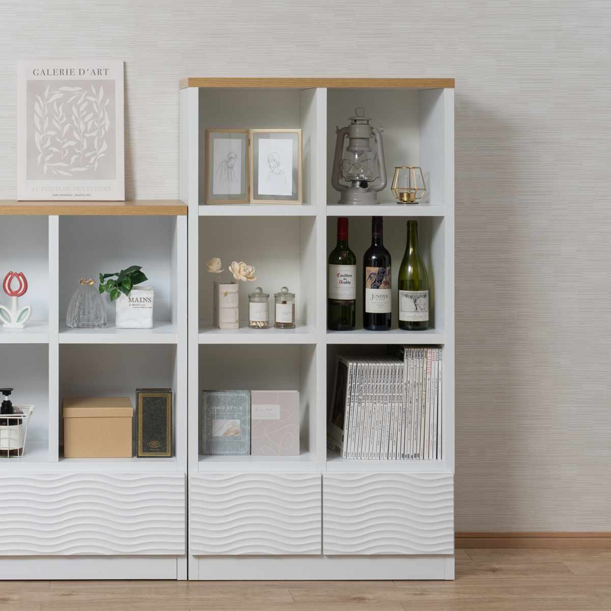 オープンラック 幅71cm ウェーブ模様 引出し2杯 日本製 完成品 ( wave ラック 本棚 棚 収納 飾り棚 ディスプレイ シェルフ 引出し ホワイト シンプル 2杯 )