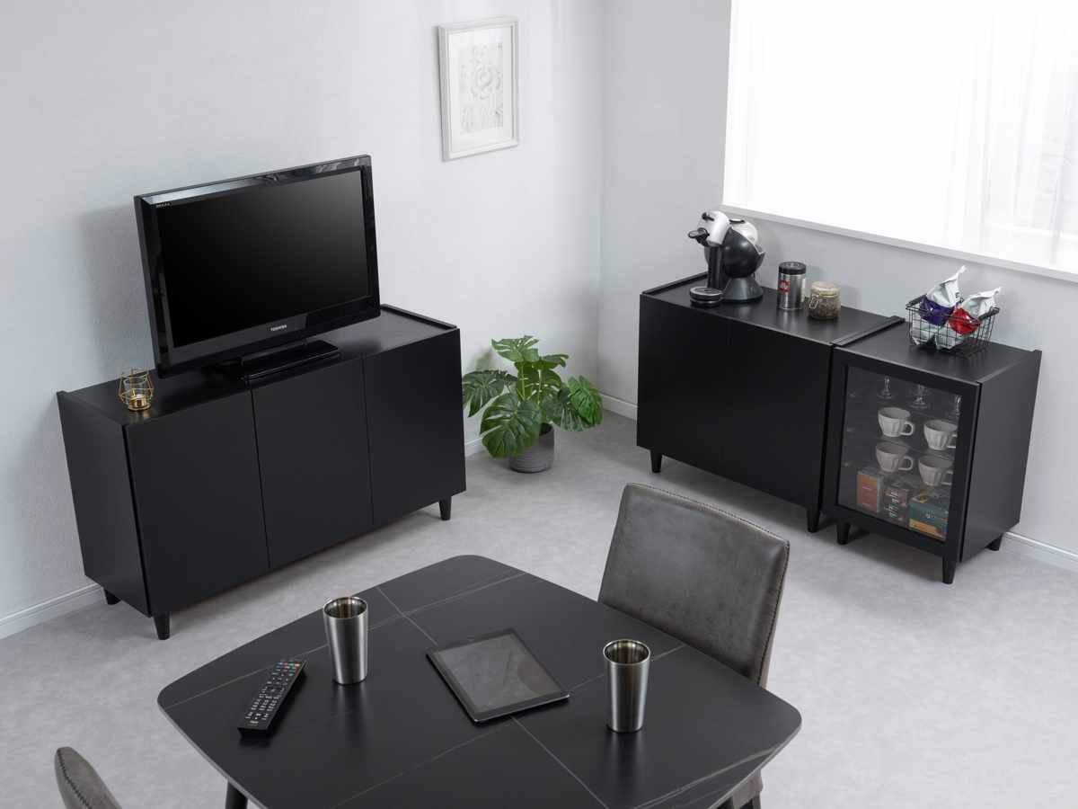 キャビネット 幅118cm モノトーン 日本製 完成品 ( Shadow 棚 ラック 収納 扉付 両開き 可動棚 リビングボード リビング収納 食器棚 家具 配線穴 ブラック シンプル )