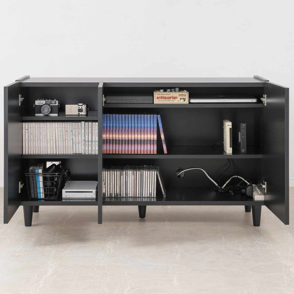 キャビネット 幅118cm モノトーン 日本製 完成品 ( Shadow 棚 ラック 収納 扉付 両開き 可動棚 リビングボード リビング収納 食器棚 家具 配線穴 ブラック シンプル )