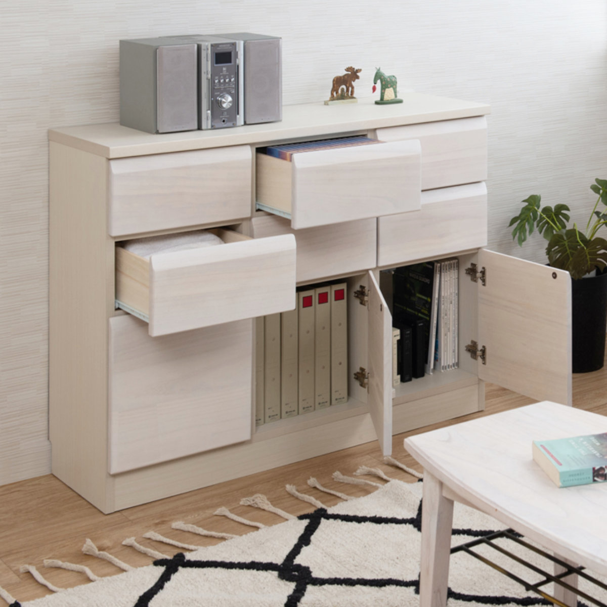 桐 キャビネット 幅107.5cm 引出しタイプ 日本製 完成品 ( 棚 ラック 扉 収納 天然木前板 4杯 引出し A4対応 リビング収納 ルーター収納 配線穴 ホワイトウォッシュ ライトブラウン ) 【ホワイトウォッシュ】 ホワイトウォッシュ