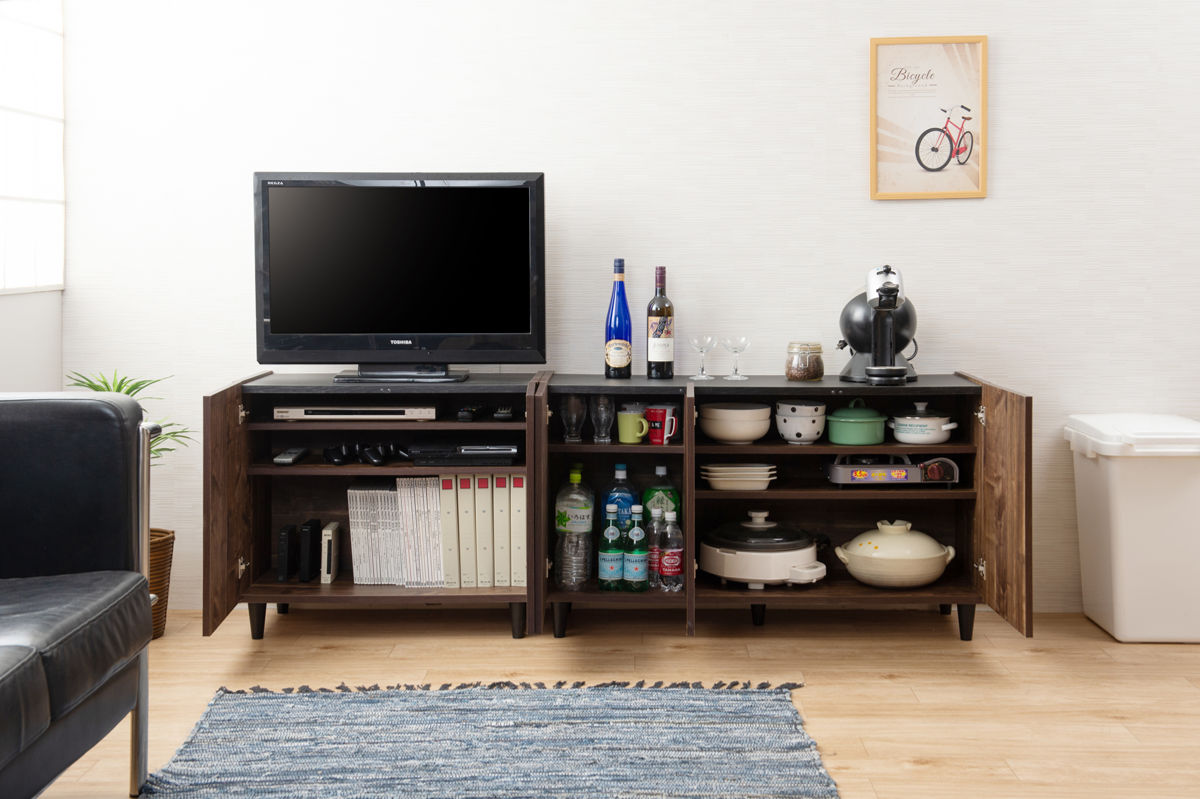リビングボード 幅80cm 脚付き 可動棚 日本製 完成品 ( BRASH 棚 ラック 収納 ルーター収納 A4対応 リビング収納 テレビボード 食器棚 配線穴 ヴィンテージ調 ナチュラル ブラウン ) 【ブラウン】 ブラウン