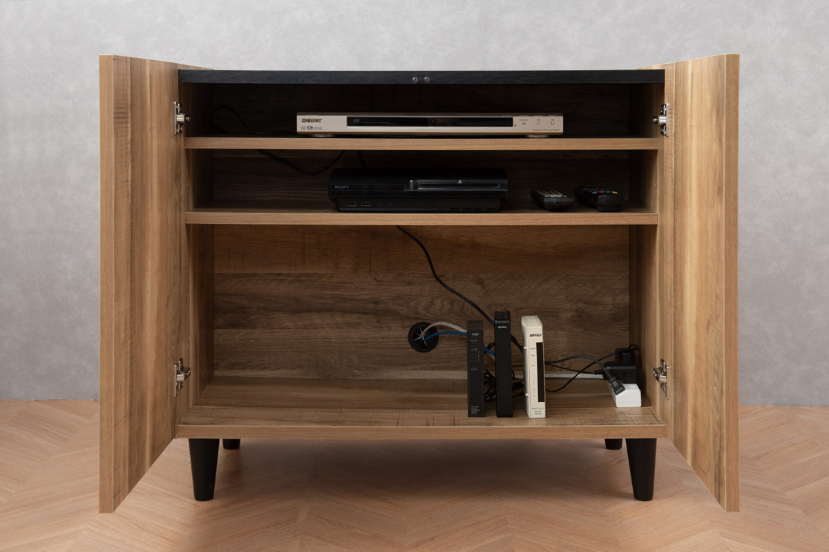 リビングボード 幅80cm 脚付き 可動棚 日本製 完成品 ( BRASH 棚 ラック 収納 ルーター収納 A4対応 リビング収納 テレビボード 食器棚 配線穴 ヴィンテージ調 ナチュラル ブラウン ) 【ブラウン】 ブラウン