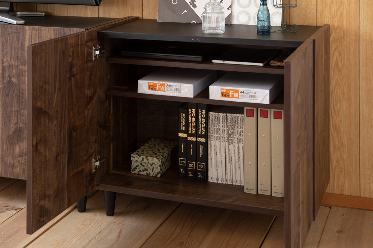 リビングボード 幅80cm 脚付き 可動棚 日本製 完成品 ( BRASH 棚 ラック 収納 ルーター収納 A4対応 リビング収納 テレビボード 食器棚 配線穴 ヴィンテージ調 ナチュラル ブラウン ) 【ブラウン】 ブラウン