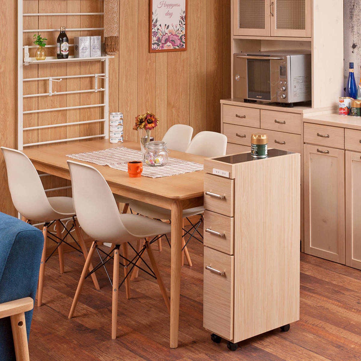 スリムキッチンワゴン 幅20cm ステンレス天板 2口コンセント 日本製 完成品 ( Sinker キッチンワゴン スリム 隙間収納 キャスター付 ワゴン スリムタイプ 作業台 コンセント付 引出し ナチュラル ホワイト ) 【ナチュラル】 ナチュラル