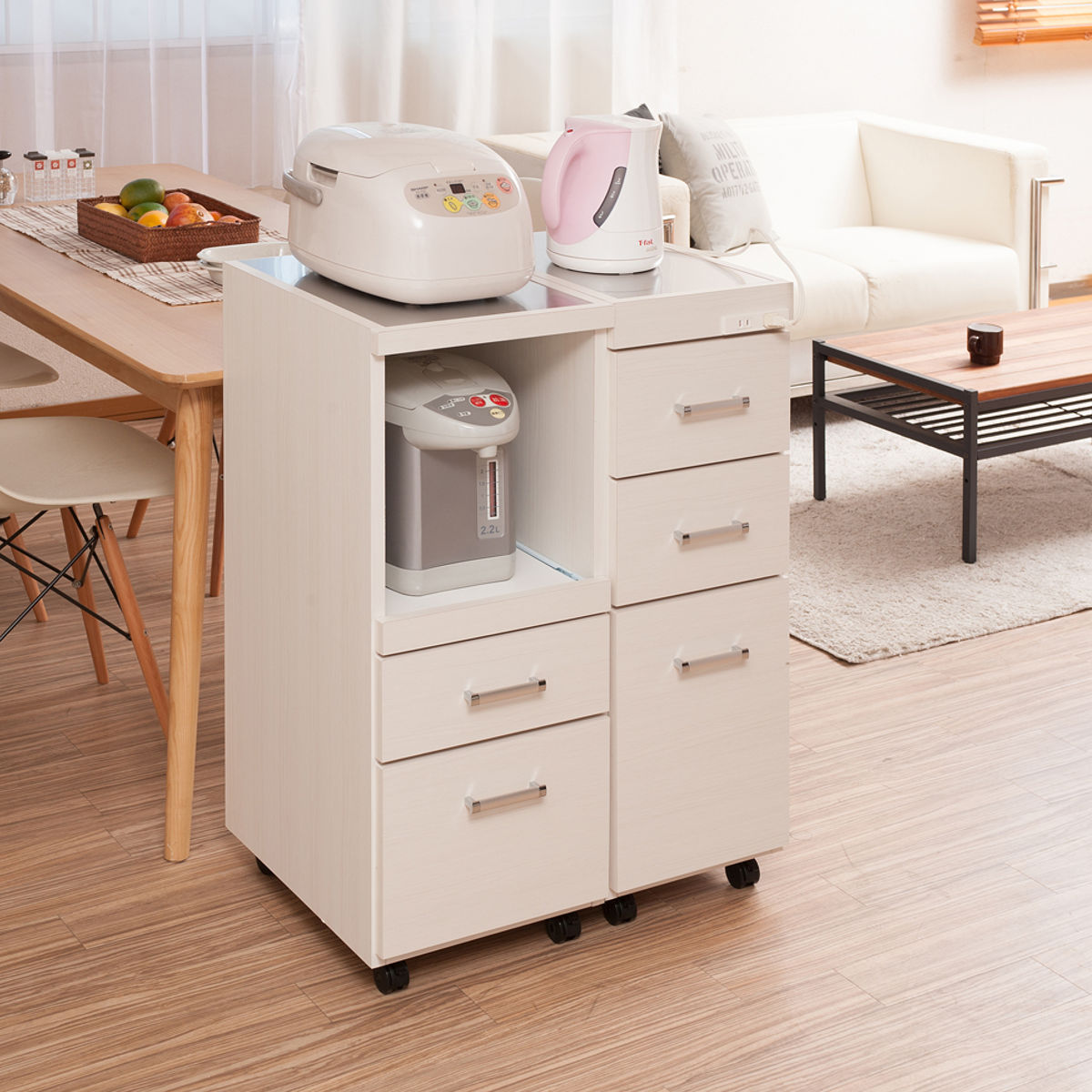 スリムキッチンワゴン 幅30cm ステンレス天板 2口コンセント 日本製 完成品 ( Sinker キッチンワゴン スリム 隙間収納 キャスター付 ワゴン スリムタイプ 作業台 コンセント付 引出し ナチュラル ホワイト ) 【ホワイト】 ホワイト