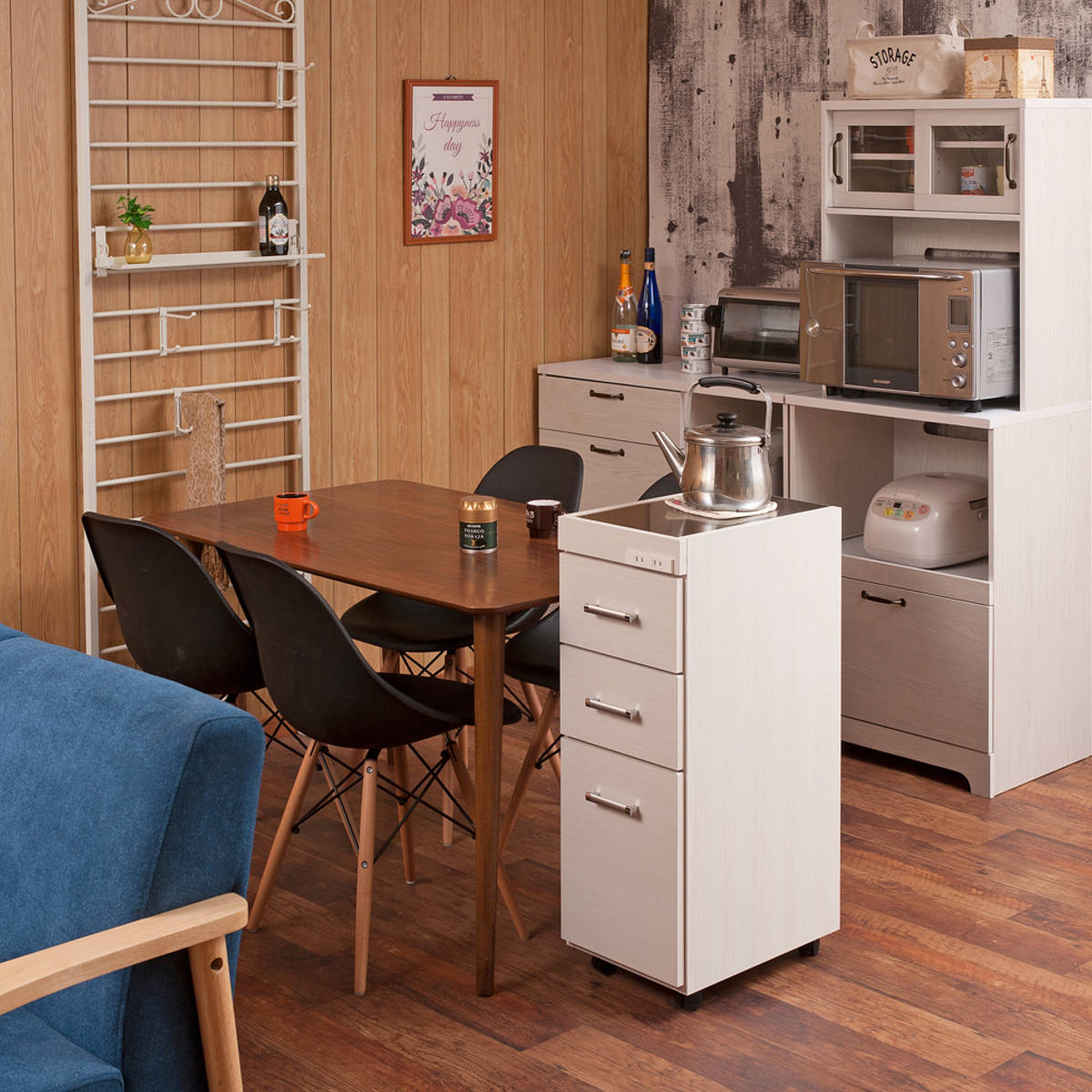 スリムキッチンワゴン 幅30cm ステンレス天板 2口コンセント 日本製 完成品 ( Sinker キッチンワゴン スリム 隙間収納 キャスター付 ワゴン スリムタイプ 作業台 コンセント付 引出し ナチュラル ホワイト ) 【ホワイト】 ホワイト