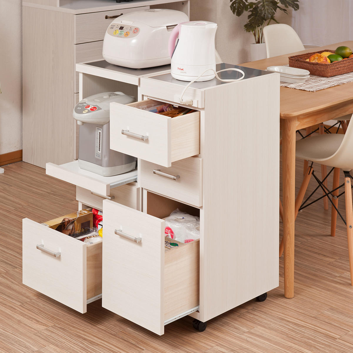 スリムキッチンワゴン 幅30cm ステンレス天板 2口コンセント 日本製 完成品 ( Sinker キッチンワゴン スリム 隙間収納 キャスター付 ワゴン スリムタイプ 作業台 コンセント付 引出し ナチュラル ホワイト ) 【ホワイト】 ホワイト