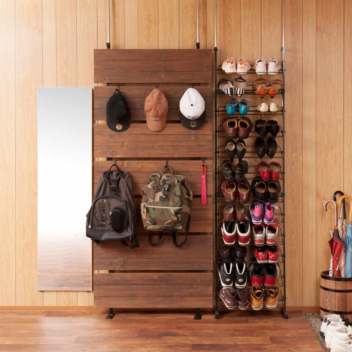 ウォールラック 突っ張り式 天然木 6フック Bittoシリーズ 幅86cm① 突っ張りウォールラック 幅86cm フック6個付 天然木 西海岸