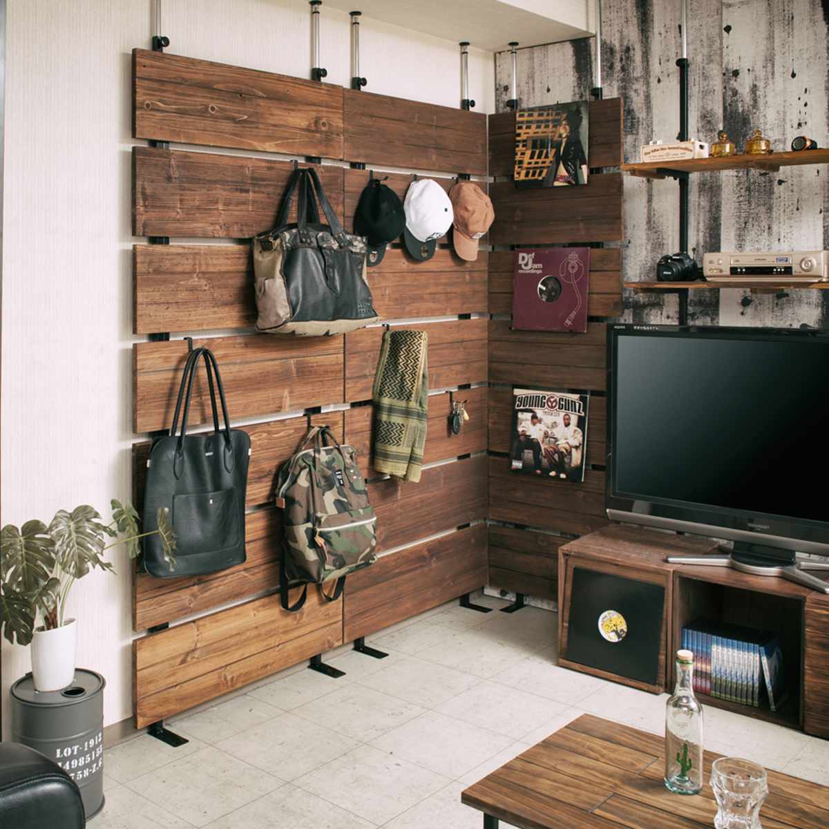 突っ張り ウォールパーテーション 幅86cm フック6個付 天然木