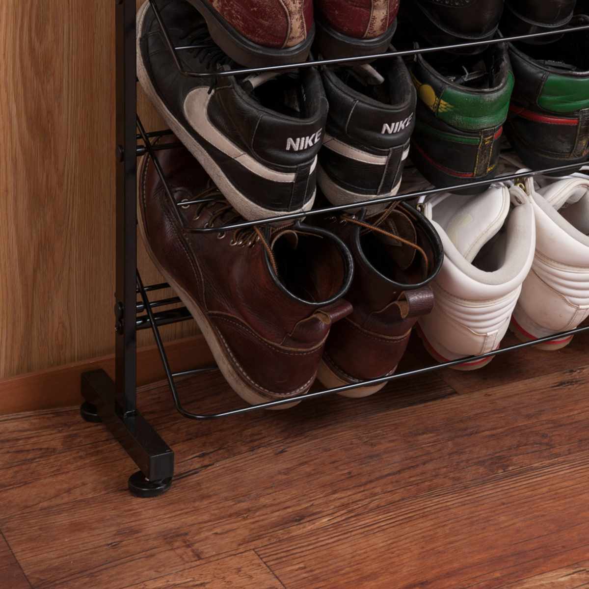 突っ張り シューズラック 幅75cm 薄型 ブラック 日本製 見せる収納 ( 壁面収納 つっぱり スリム 省スペース 靴収納 最大36足 つっぱり式 天井突っ張り式 靴 スニーカー ブーツ ヒール 収納 ラック シューズボックス 靴箱 下駄箱 )