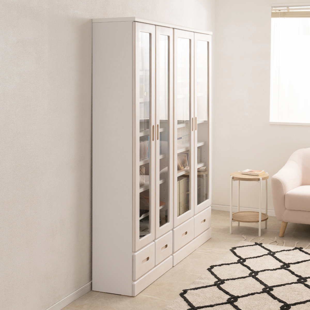 本棚 ガラス扉 幅80cm 桐材 完成品 日本製 ( 食器棚 棚 ラック 可動棚 天然木前板 A4対応 家具 収納 カップボード 引き出し ホワイトウォッシュ ライトブラウン ) 【ホワイトウォッシュ】 ホワイトウォッシュ