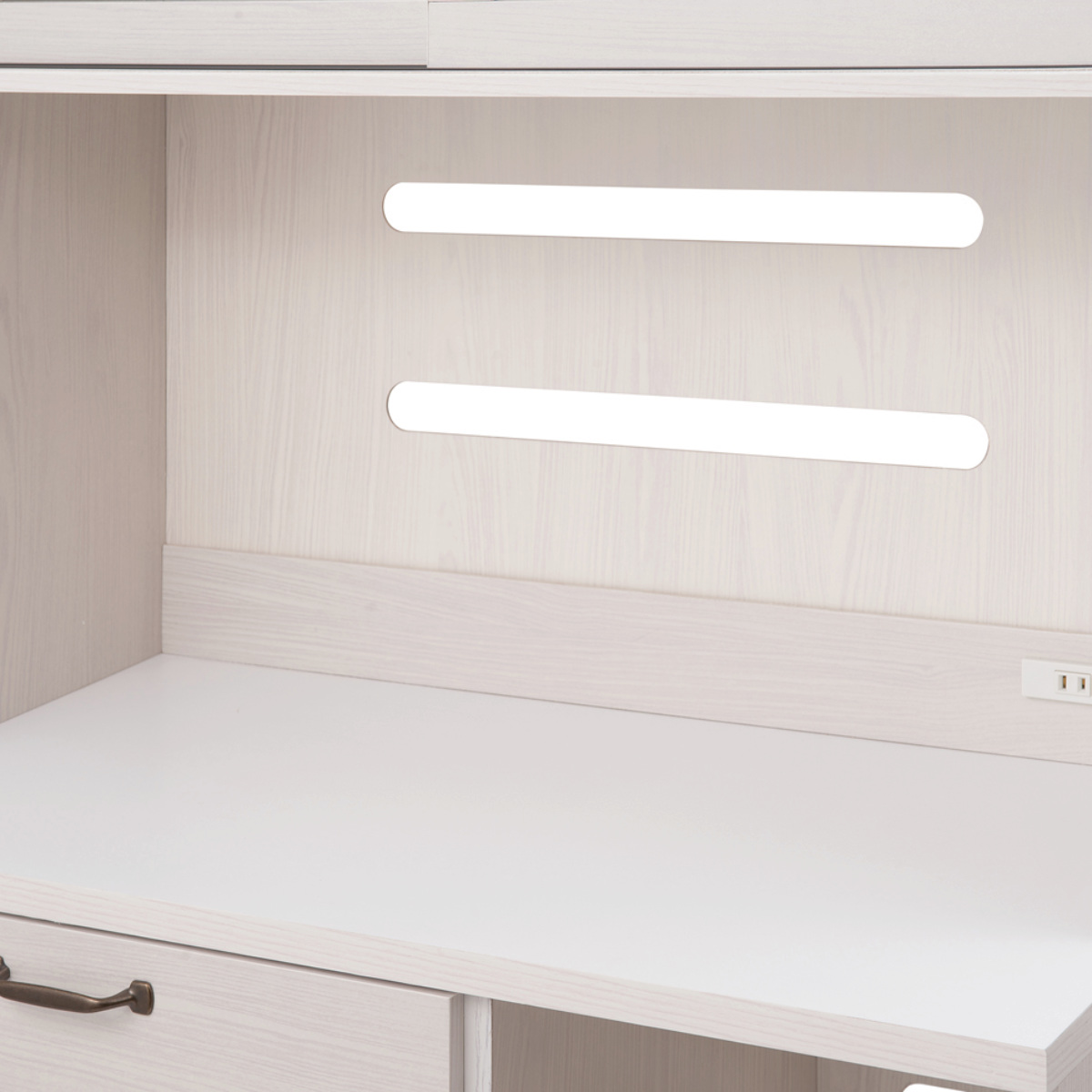 ハイタイプ キッチンボード 幅90cm 2口コンセント×2ヶ ホワイト木目 ( Late ラテ レンジ台 収納 可動棚 コンセント付 上置き棚付 家電 食器棚 ラック 棚 キッチン ホワイト 白 引出し スライドレール )