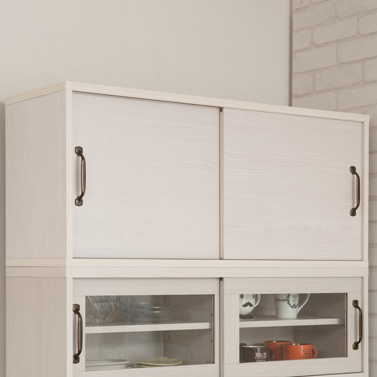 ハイタイプ キッチンボード 幅90cm 2口コンセント×2ヶ ホワイト木目 ( Late ラテ レンジ台 収納 可動棚 コンセント付 上置き棚付 家電 食器棚 ラック 棚 キッチン ホワイト 白 引出し スライドレール )