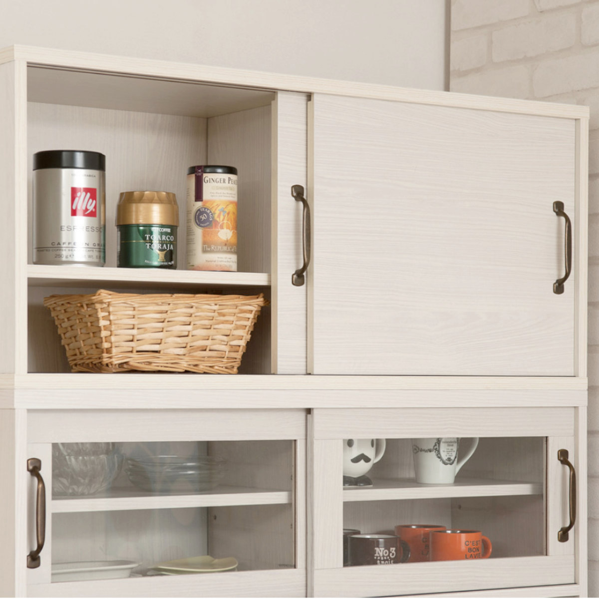 ハイタイプ キッチンボード 幅90cm 2口コンセント×2ヶ ホワイト木目 ( Late ラテ レンジ台 収納 可動棚 コンセント付 上置き棚付 家電 食器棚 ラック 棚 キッチン ホワイト 白 引出し スライドレール )