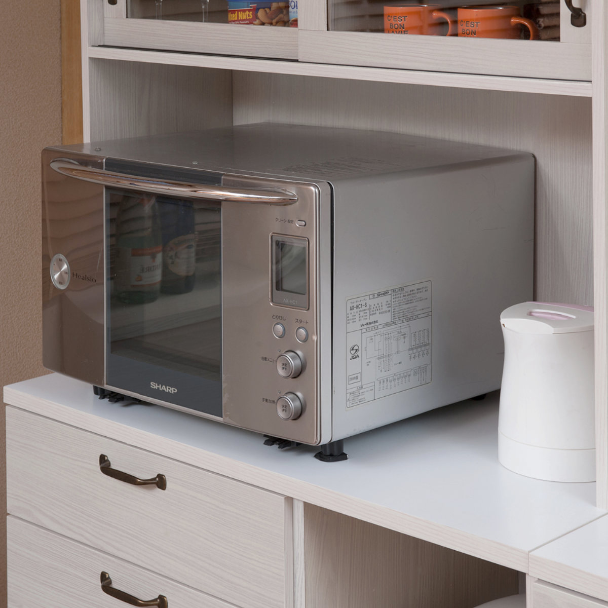 ハイタイプ キッチンボード 幅90cm 2口コンセント×2ヶ ホワイト木目 ( Late ラテ レンジ台 収納 可動棚 コンセント付 上置き棚付 家電 食器棚 ラック 棚 キッチン ホワイト 白 引出し スライドレール )