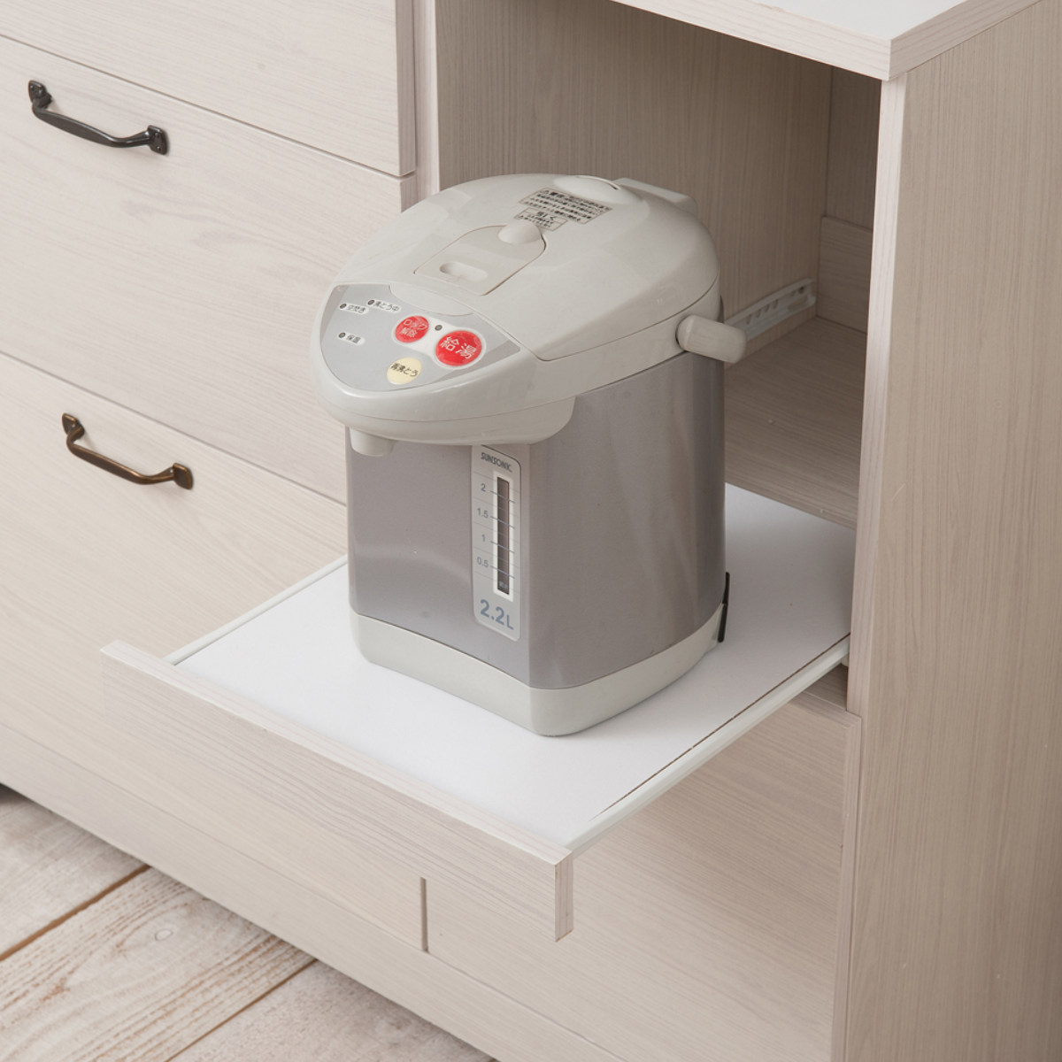 ハイタイプ キッチンボード 幅90cm 2口コンセント×2ヶ ホワイト木目 ( Late ラテ レンジ台 収納 可動棚 コンセント付 上置き棚付 家電 食器棚 ラック 棚 キッチン ホワイト 白 引出し スライドレール )