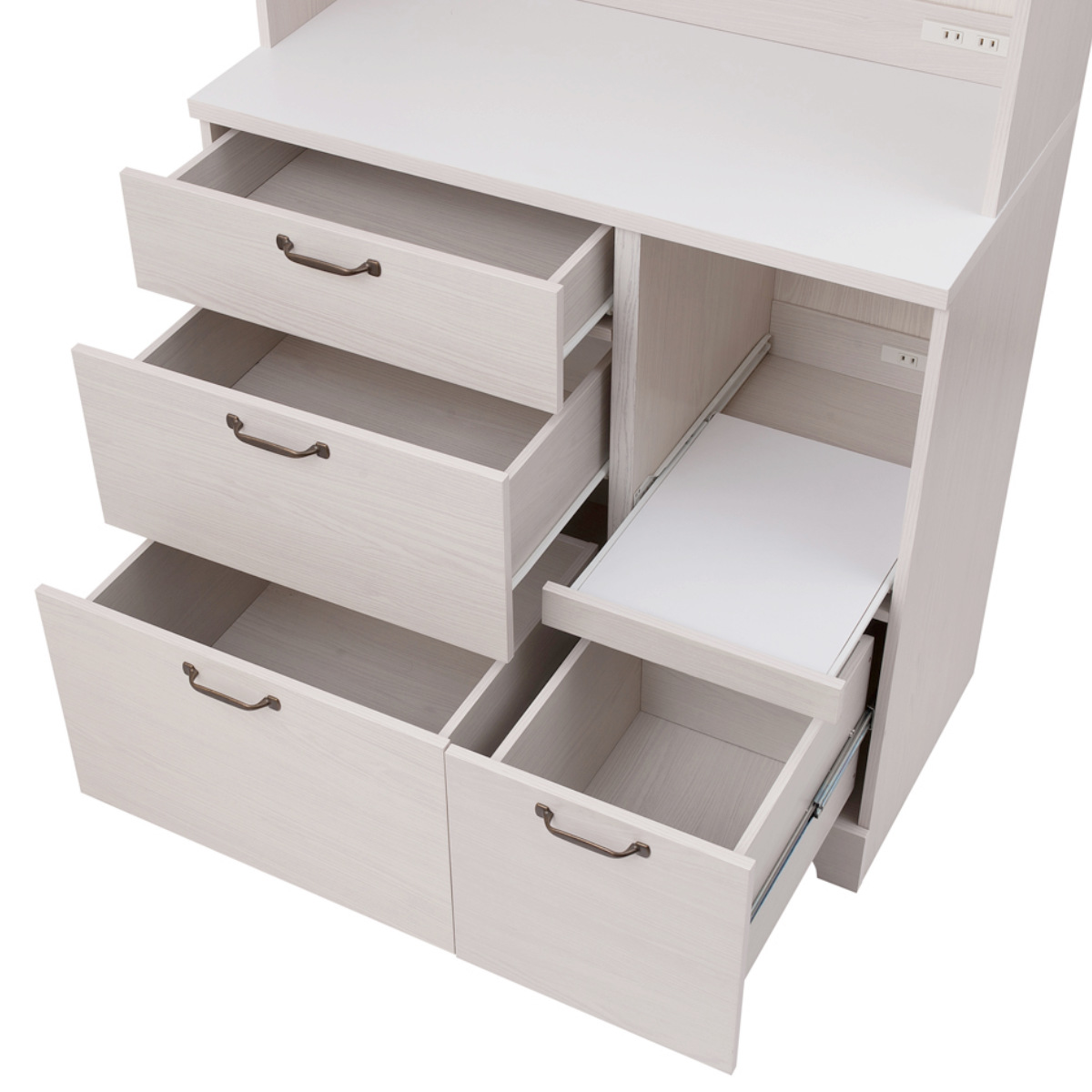 ハイタイプ キッチンボード 幅90cm 2口コンセント×2ヶ ホワイト木目 ( Late ラテ レンジ台 収納 可動棚 コンセント付 上置き棚付 家電 食器棚 ラック 棚 キッチン ホワイト 白 引出し スライドレール )