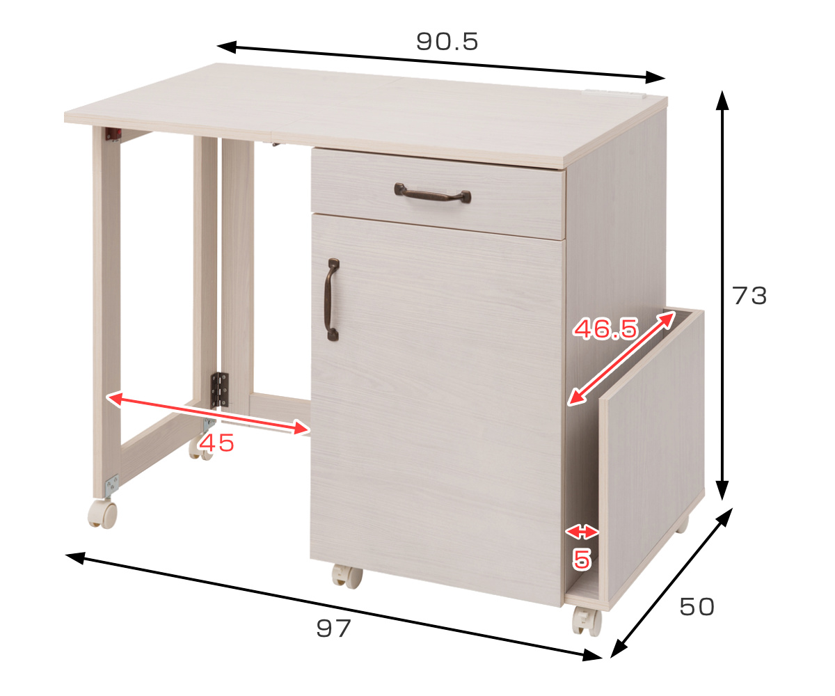 ミシン台 幅97cm 折りたたみテーブル 2口コンセント付 ワゴン式 ホワイト木目 ( Late ラテ 作業台 家事机 ワゴン 収納 コンセント付 折りたたみ テーブル アイロン台 ラック 棚 ナチュラル ホワイト 白 コンパクト ) 【ホワイト】 ホワイト