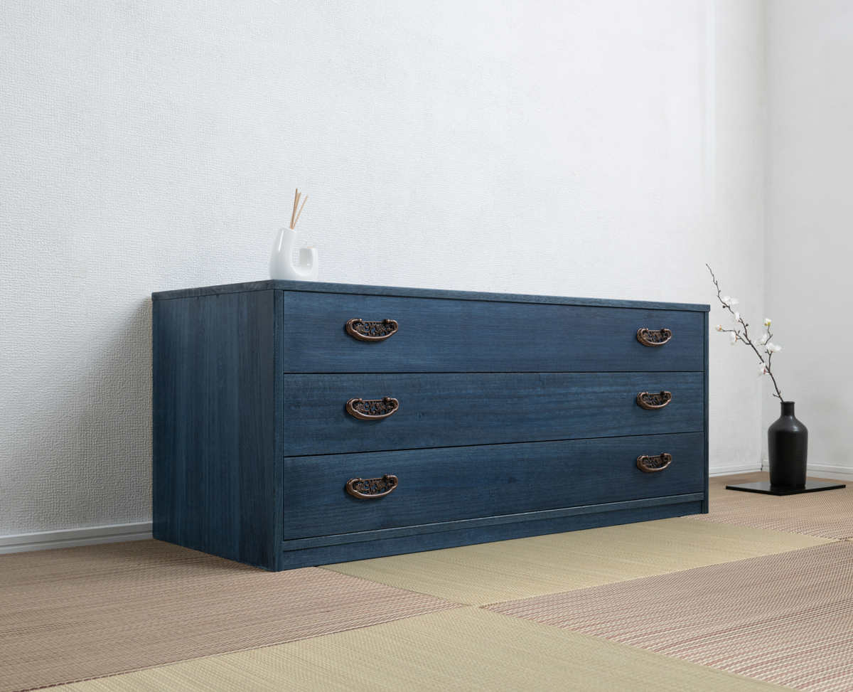 桐タンス 幅98.5cm 3段 藍染め デニム 日本製 ( 桐チェスト 桐箱 天然木 藍 インディゴ ブルー 着物収納 防虫 防湿 三段 桐衣装箱 軽量 たとう紙 帯 桐たんす 箪笥 青 キリ )