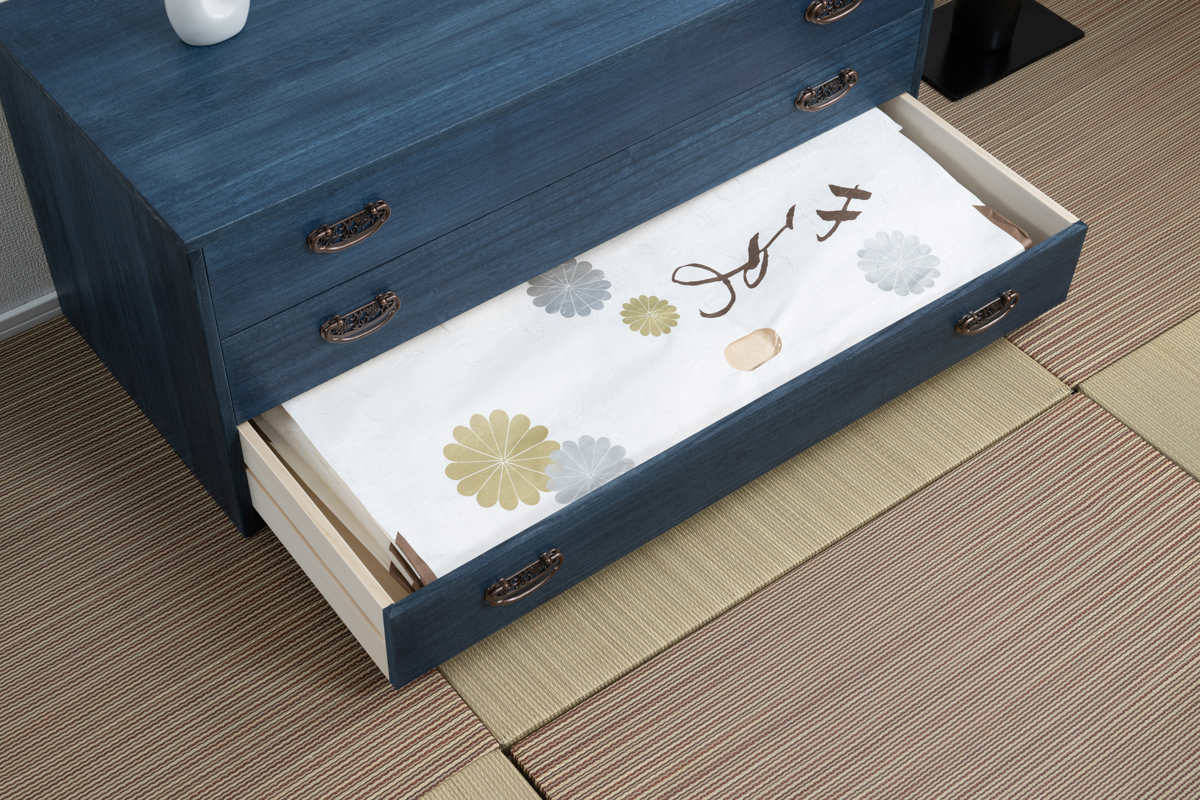 桐タンス 幅98.5cm 3段 藍染め デニム 日本製 ( 桐チェスト 桐箱 天然木 藍 インディゴ ブルー 着物収納 防虫 防湿 三段 桐衣装箱 軽量 たとう紙 帯 桐たんす 箪笥 青 キリ )