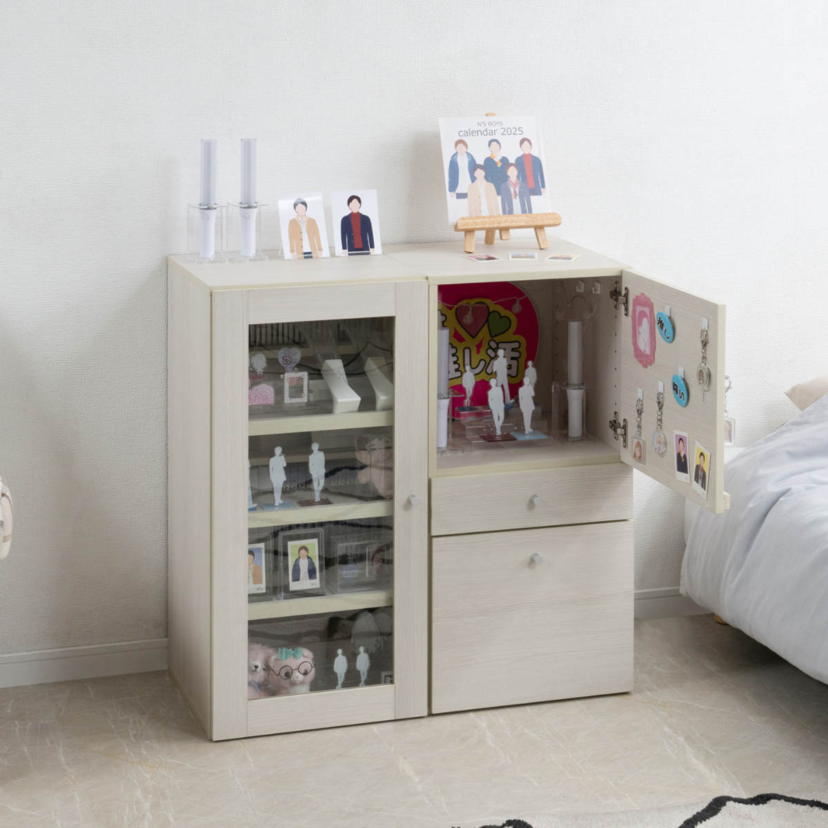 ラック 幅39cm 前扉&引出しタイプ 推し活収納 ( 棚 組み合わせ うちわ収納 A4対応 扉付 引出し 2段 可動棚 推し シェルフ ジャンボうちわ対応 収納 飾り棚 ディスプレイラック 多目的ラック ホワイトウォッシュ )