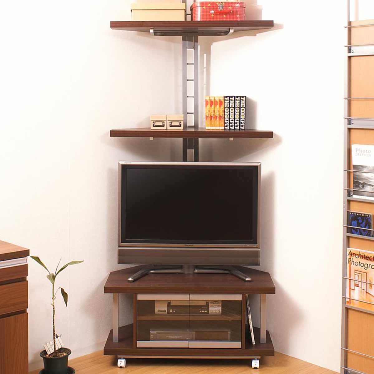 セット品 テレビ台 幅90cm 突っ張り コーナーラック 2段 日本製 ( セット 棚 ラック テレビボード AV収納 テレビラック TV台 TVラック コーナー 可動棚 キャスター付 )