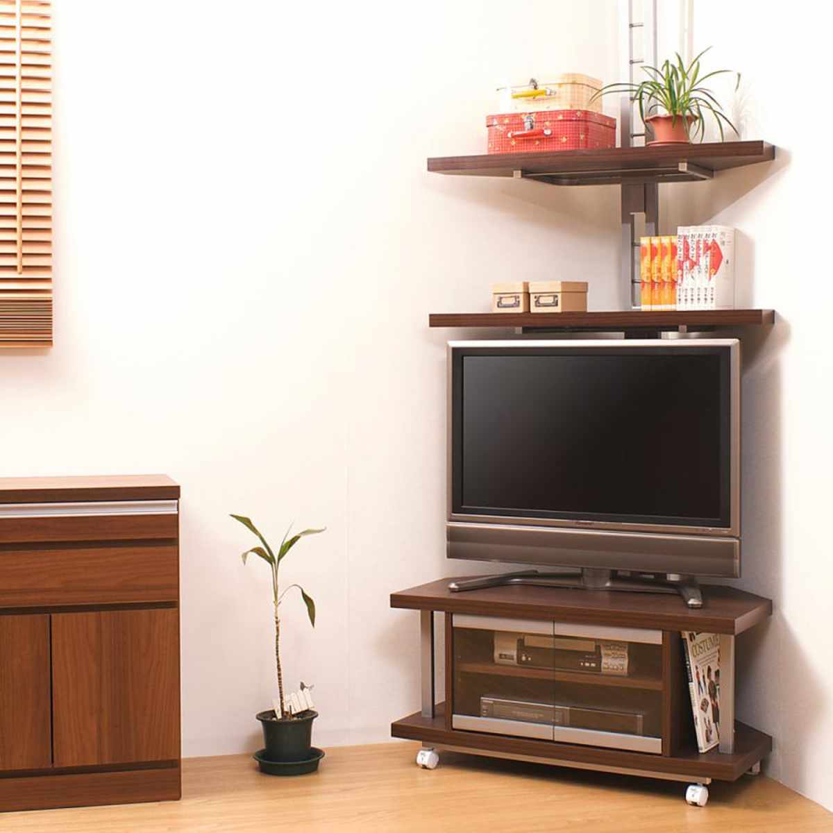 セット品 テレビ台 幅90cm 突っ張り コーナーラック 2段 日本製 ( セット 棚 ラック テレビボード AV収納 テレビラック TV台 TVラック コーナー 可動棚 キャスター付 )