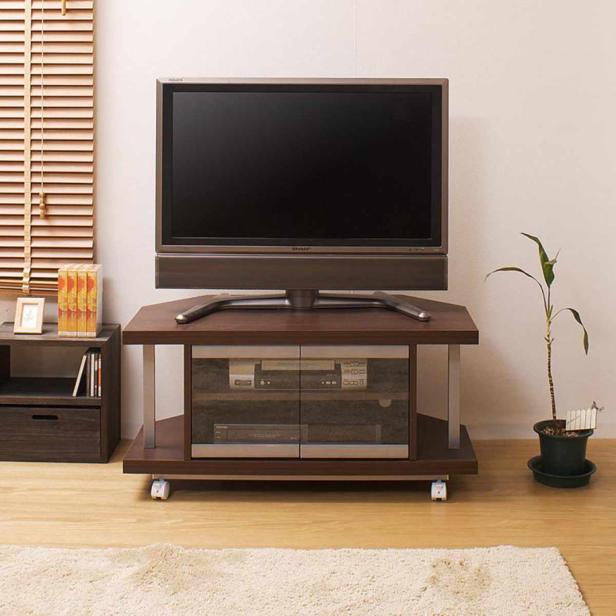 セット品 テレビ台 幅90cm 突っ張り コーナーラック 2段 日本製 ( セット 棚 ラック テレビボード AV収納 テレビラック TV台 TVラック コーナー 可動棚 キャスター付 )