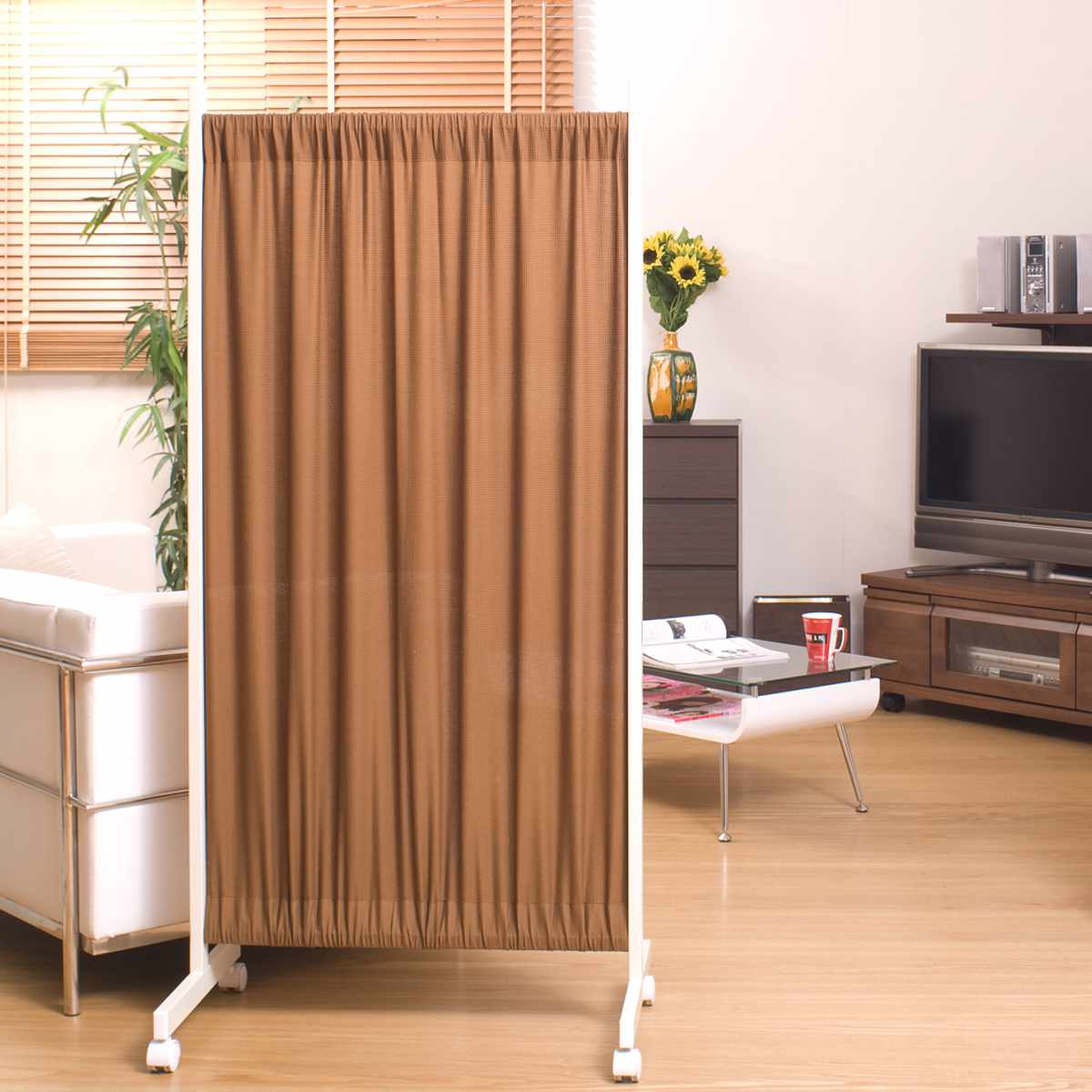 間仕切りカーテンパーテーション 幅64.5cm 高さ144.5cm ( パーテーション 間仕切り カーテン 衝立 目隠し キャスター 移動 自立 伸縮 仕切り ハンガー掛け パーティション 自立式 オフィス 事務所 会社 商談 スペース ) 【ブラウン】 ブラウン