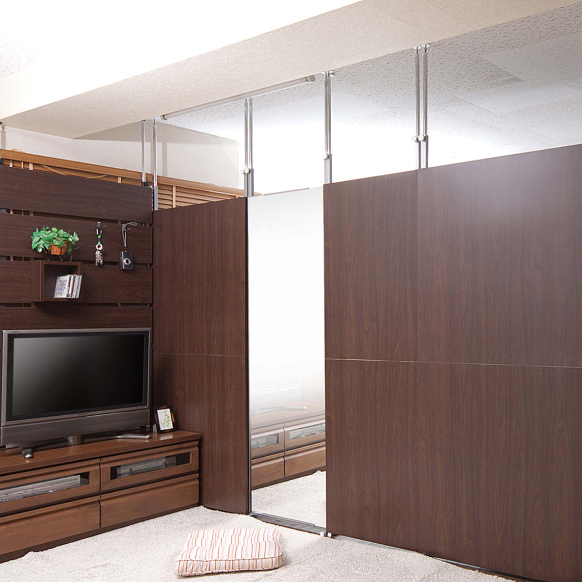 突っ張り 間仕切り両面ミラー 幅40cm 日本製 ( 突っ張りパーテーション 両面ミラー ミラー 鏡 両面 間仕切り 壁面収納 つっぱり 姿見 パーテーション )