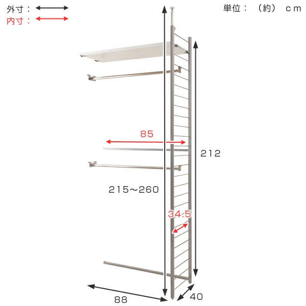 突っ張り 間仕切りワードローブ 幅88cm 連結用 背板無し ホワイト ( 突っ張り収納 ハンガーラック ワードローブ 収納 ハンガー 突っ張り式 突っぱり ツッパリ 洋服 ウォークインクローゼット 間仕切り 連結 ) 【ホワイト】 ホワイト