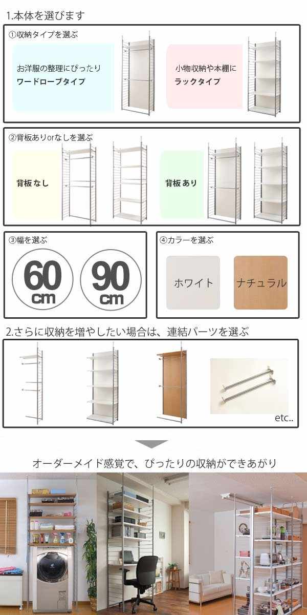 突っ張り 間仕切りワードローブ 本体用 幅60cm 背板付き 日本製 ( 突っ張り収納 ハンガーラック ワードローブ つっぱり クローゼット 収納 ハンガー 突っ張り式 突っぱり ツッパリ 洋服 間仕切り 物置 納戸 ) 【ナチュラル】 ナチュラル