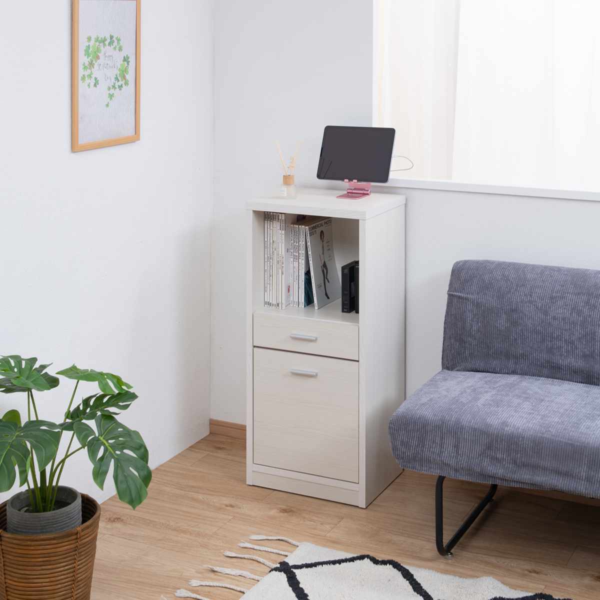 カウンター下収納 幅40cm オープンタイプ 引出し付 日本製 完成品 ( カウンター下 リビング 収納 キッチン収納 収納棚 モダンナチュラル 薄型 本棚 ディスプレイ 引出し ホワイトウォッシュ ナチュラル おしゃれ ) 【ナチュラル】 ナチュラル