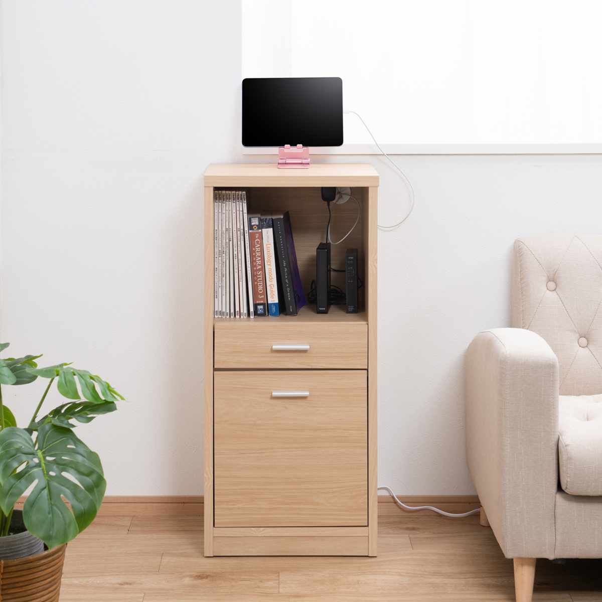 カウンター下収納 幅40cm オープンタイプ 引出し付 日本製 完成品 ( カウンター下 リビング 収納 キッチン収納 収納棚 モダンナチュラル 薄型 本棚 ディスプレイ 引出し ホワイトウォッシュ ナチュラル おしゃれ ) 【ナチュラル】 ナチュラル