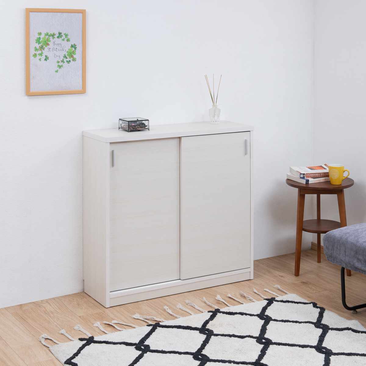 カウンター下収納 幅90cm 引戸タイプ 日本製 完成品 ( カウンター下 リビング 収納 キッチン収納 収納棚 モダンナチュラル 食器棚 キャビネット 薄型 可動棚 ホワイトウォッシュ ナチュラル おしゃれ ) 【ナチュラル】 ナチュラル