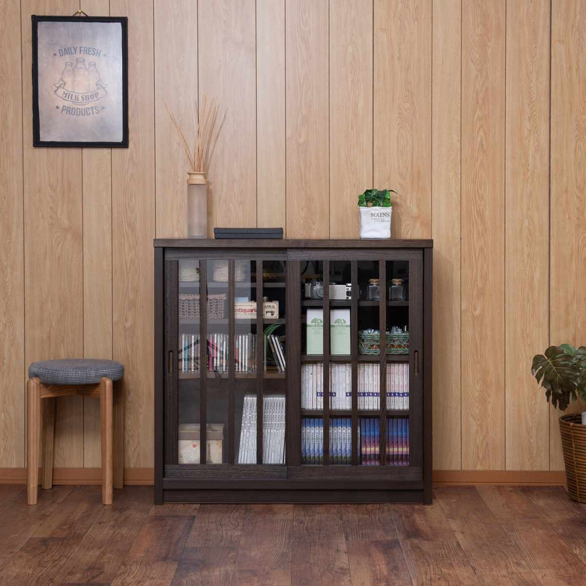 キャビネット 幅90.5cm ガラス引き戸 縦格子 和モダン調 日本製 完成品 ( 棚 ラック 収納チェスト 収納 格子 引き戸 天然木 桐 木製 家具 食器棚 可動棚 ホワイト ブラウン おしゃれ ) 【ホワイト】 ホワイト