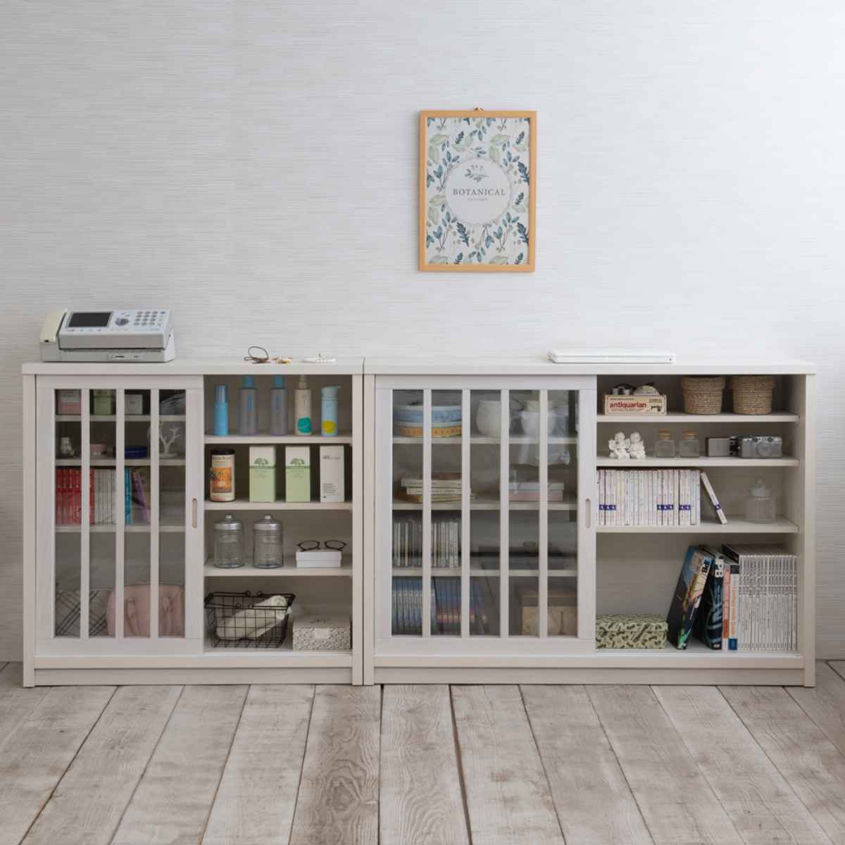 キャビネット 幅90.5cm ガラス引き戸 縦格子 和モダン調 日本製 完成品 ( 棚 ラック 収納チェスト 収納 格子 引き戸 天然木 桐 木製 家具 食器棚 可動棚 ホワイト ブラウン おしゃれ ) 【ホワイト】 ホワイト