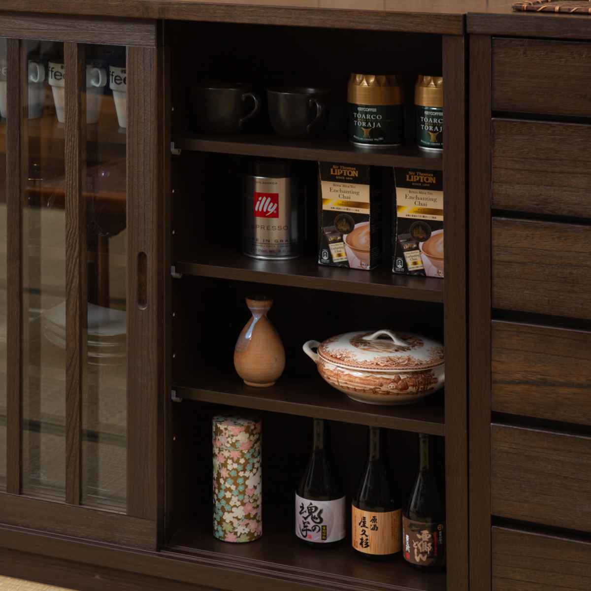 キャビネット 幅90.5cm ガラス引き戸 縦格子 和モダン調 日本製 完成品 ( 棚 ラック 収納チェスト 収納 格子 引き戸 天然木 桐 木製 家具 食器棚 可動棚 ホワイト ブラウン おしゃれ ) 【ホワイト】 ホワイト