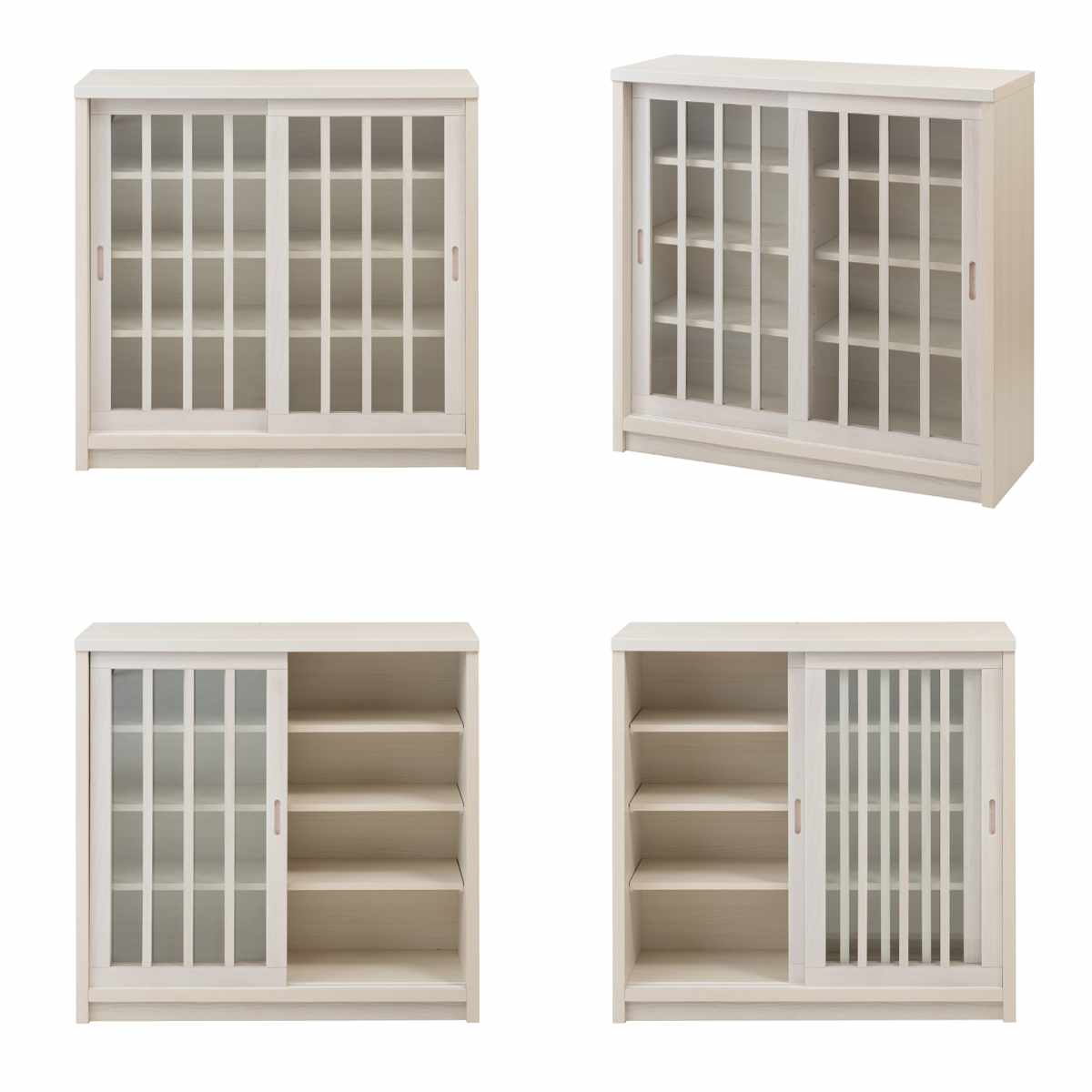 キャビネット 幅90.5cm ガラス引き戸 縦格子 和モダン調 日本製 完成品 ( 棚 ラック 収納チェスト 収納 格子 引き戸 天然木 桐 木製 家具 食器棚 可動棚 ホワイト ブラウン おしゃれ ) 【ホワイト】 ホワイト