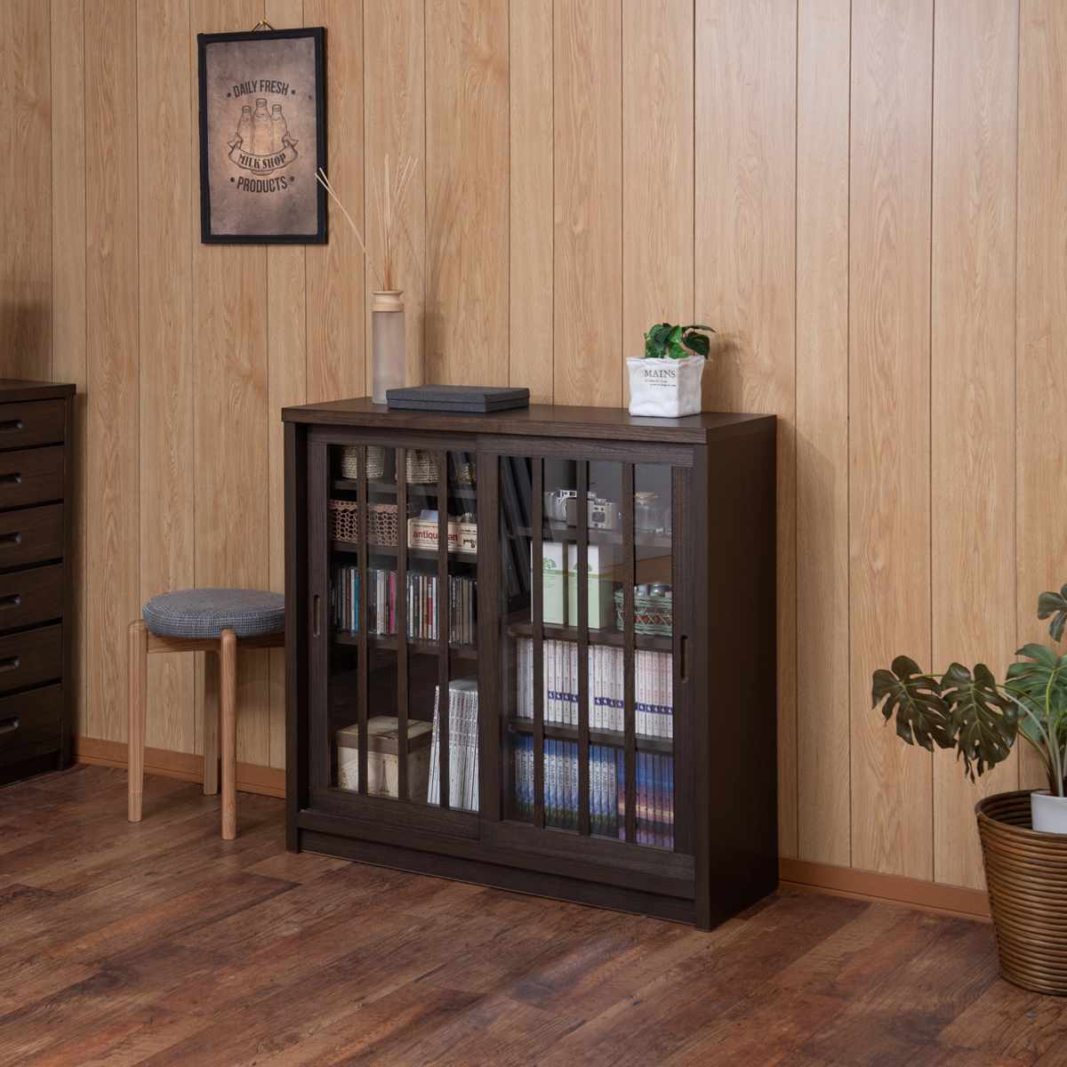 キャビネット 幅90.5cm ガラス引き戸 縦格子 和モダン調 日本製 完成品 ( 棚 ラック 収納チェスト 収納 格子 引き戸 天然木 桐 木製 家具 食器棚 可動棚 ホワイト ブラウン おしゃれ ) 【ホワイト】 ホワイト