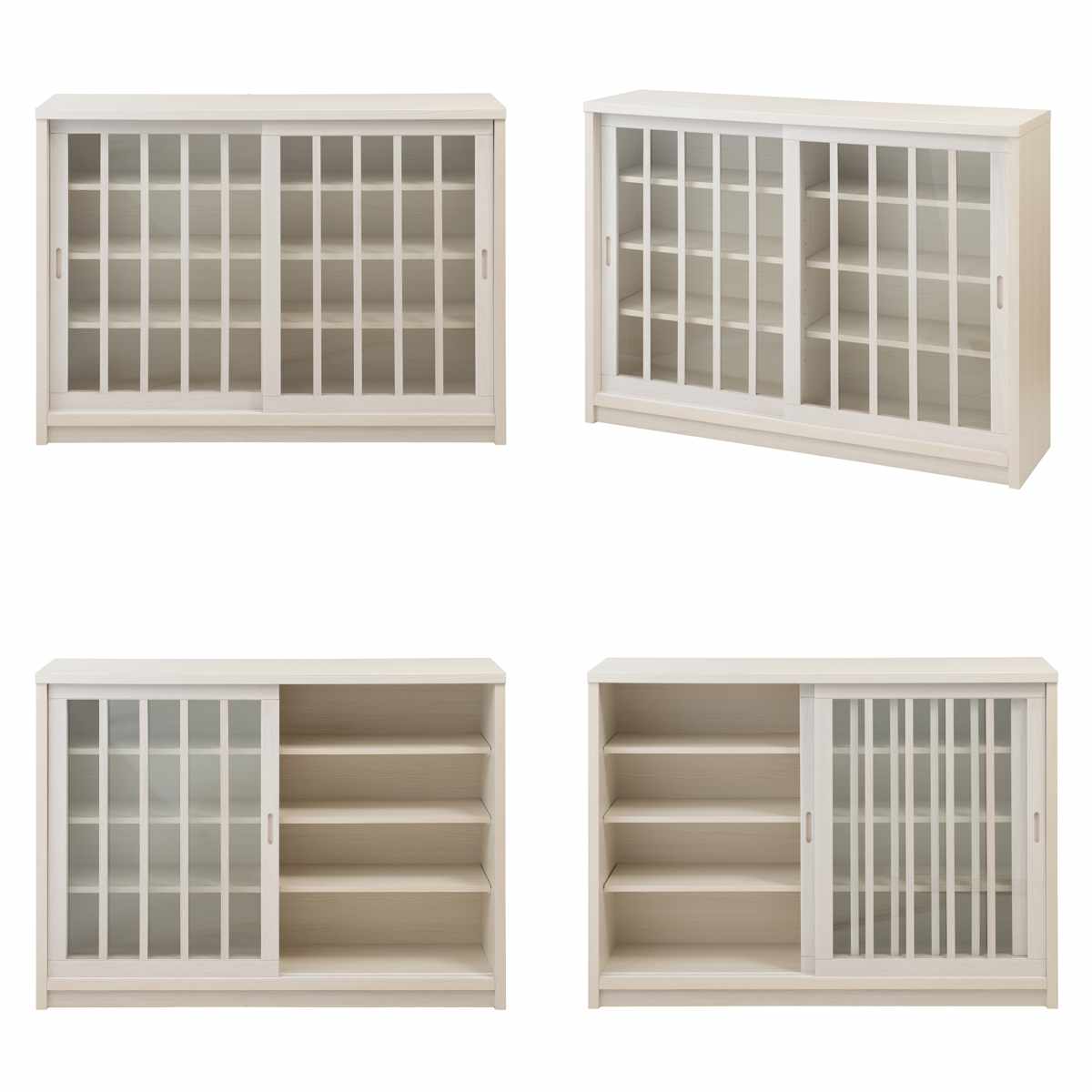 キャビネット 幅120.5cm ガラス引き戸 縦格子 和モダン調 日本製 完成品 ( 棚 ラック 収納チェスト 収納 格子 引き戸 天然木 桐 木製 家具 食器棚 可動棚 ホワイト ブラウン おしゃれ ) 【ホワイト】 ホワイト