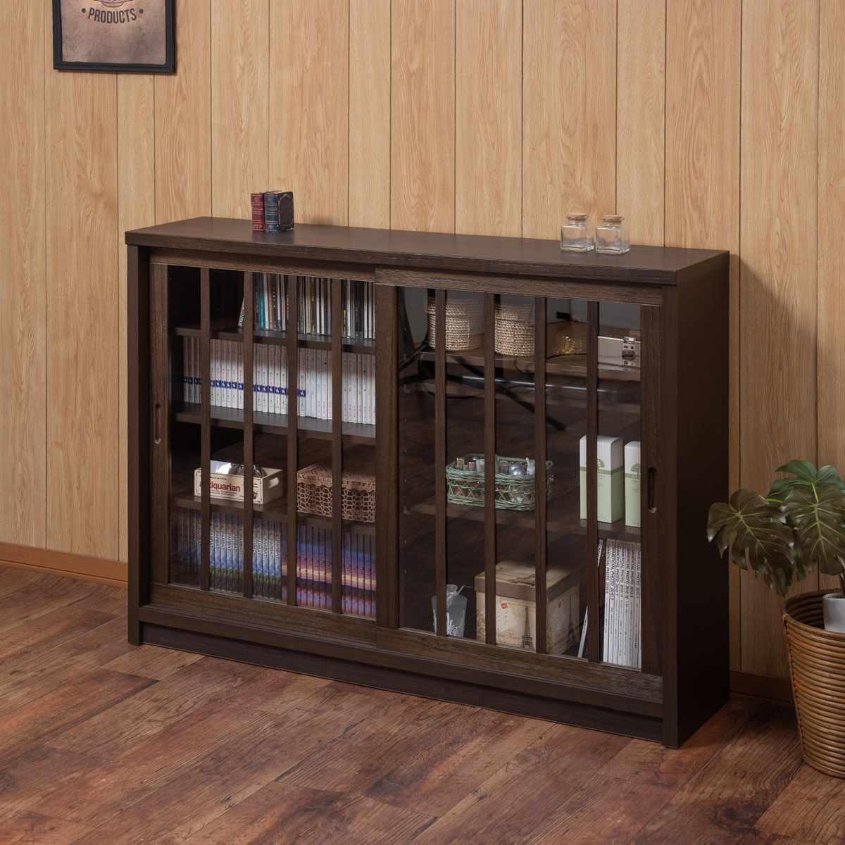 キャビネット 幅120.5cm ガラス引き戸 縦格子 和モダン調 日本製 完成品 ( 棚 ラック 収納チェスト 収納 格子 引き戸 天然木 桐 木製 家具 食器棚 可動棚 ホワイト ブラウン おしゃれ ) 【ホワイト】 ホワイト