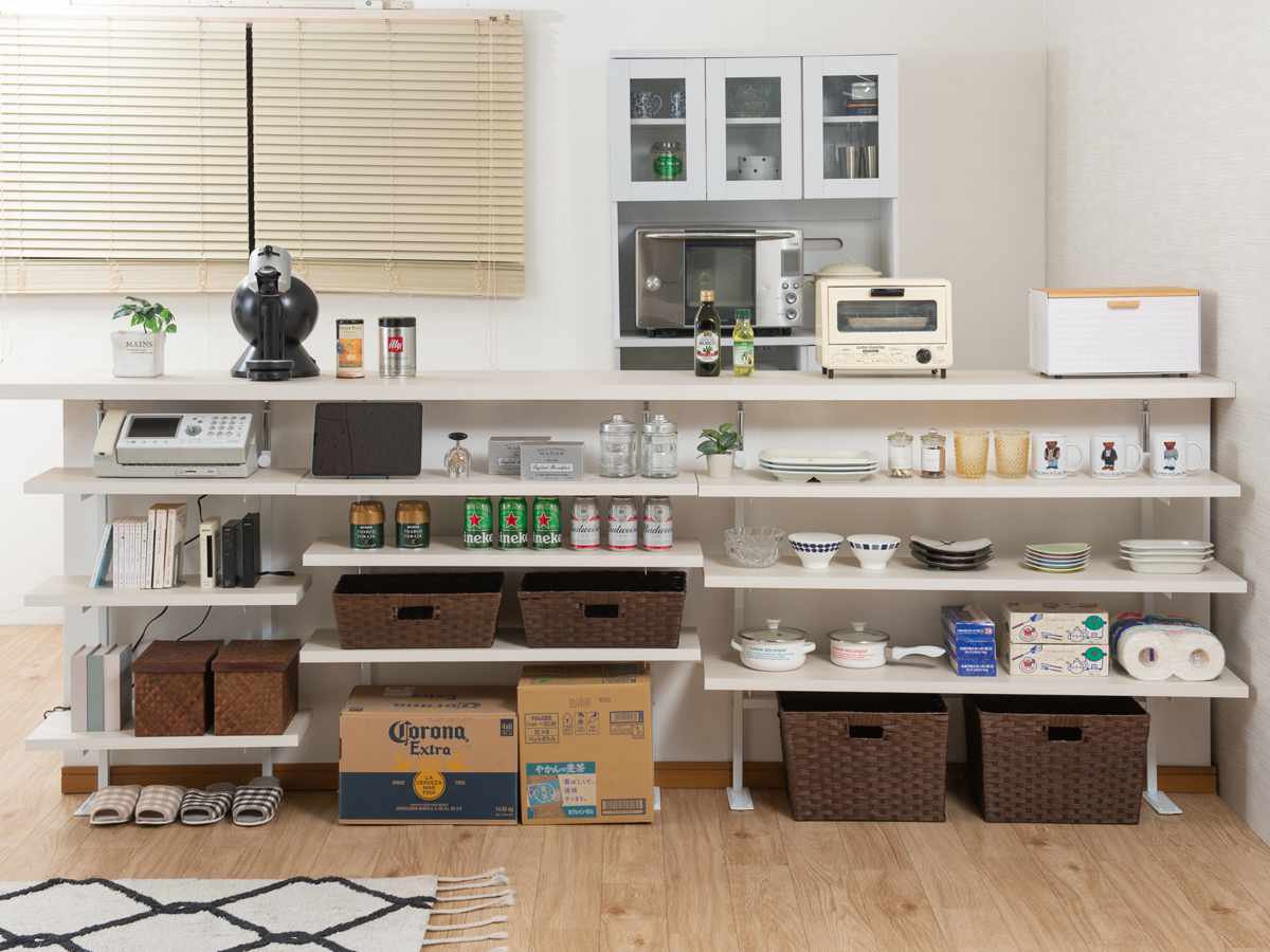 突っ張り カウンター下ラック 幅89.5cm 棚板3枚付 無段階調整 日本製 ( ラック 棚 カウンター下 収納 ディスプレイラック つっぱり 薄型 壁面ラック 収納ラック キッチンカウンター キッチン収納 ロータイプ 食器棚 飾り棚 3段 ) 【マリンナチュラル】 マリンナチュラル