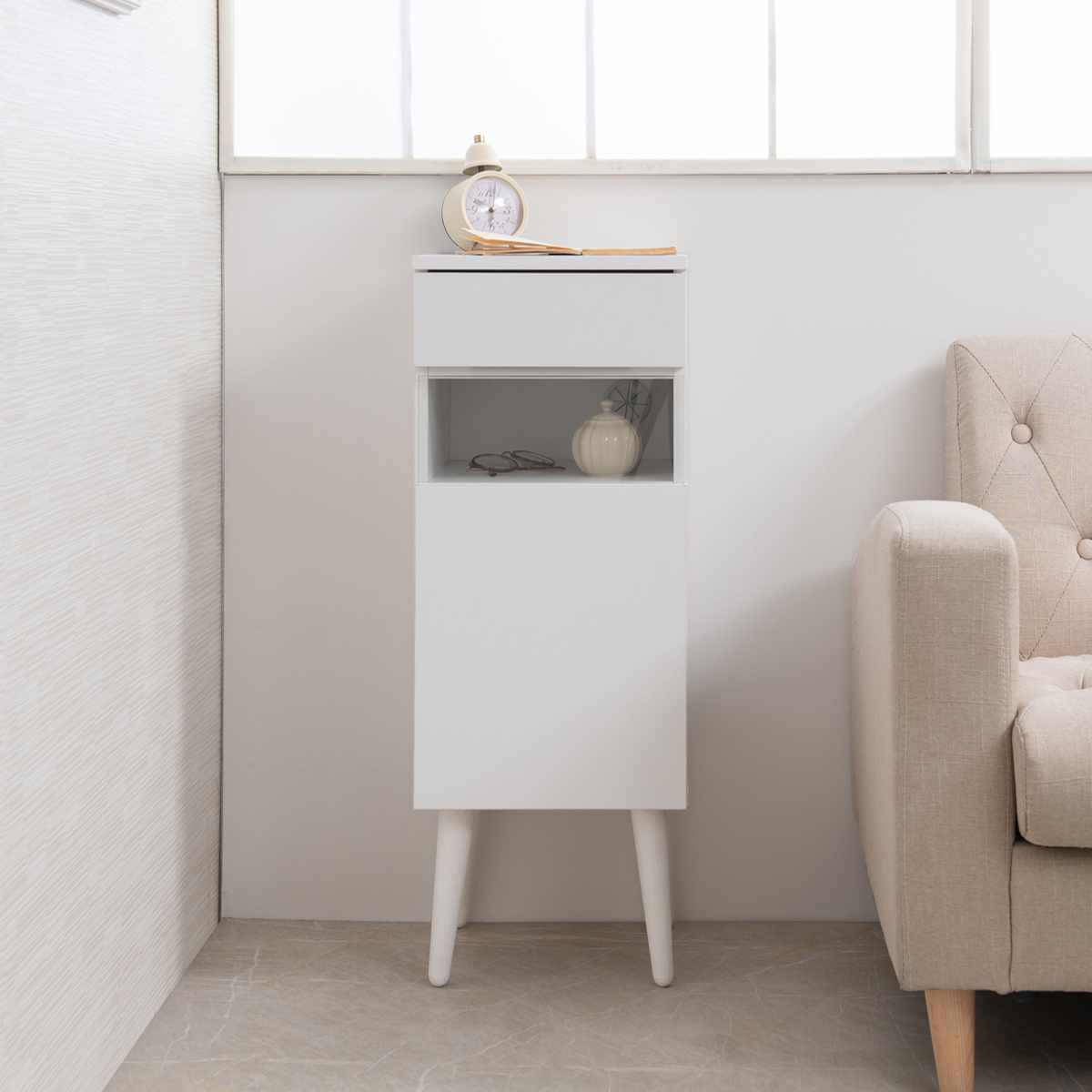 ルーター収納 幅30cm ファックス台 ホワイトリビング ( 棚 ラック 収納 ルーター モデム収納 家具 ディスプレイ 引き出し ケーブル収納 可動棚 モデム サイドボード サイドキャビネット シェルフ ホワイト )