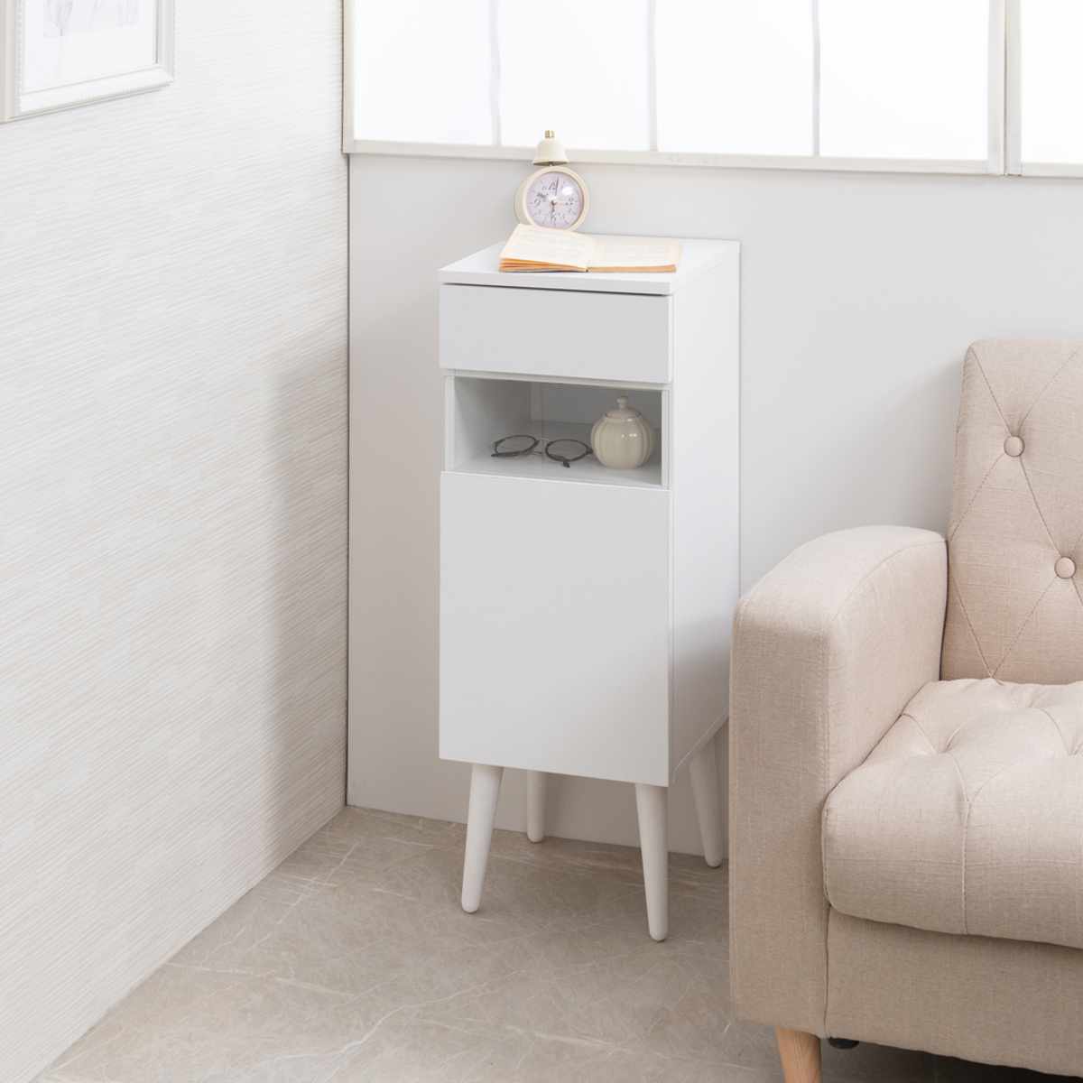 ルーター収納 幅30cm ファックス台 ホワイトリビング ( 棚 ラック 収納 ルーター モデム収納 家具 ディスプレイ 引き出し ケーブル収納 可動棚 モデム サイドボード サイドキャビネット シェルフ ホワイト )