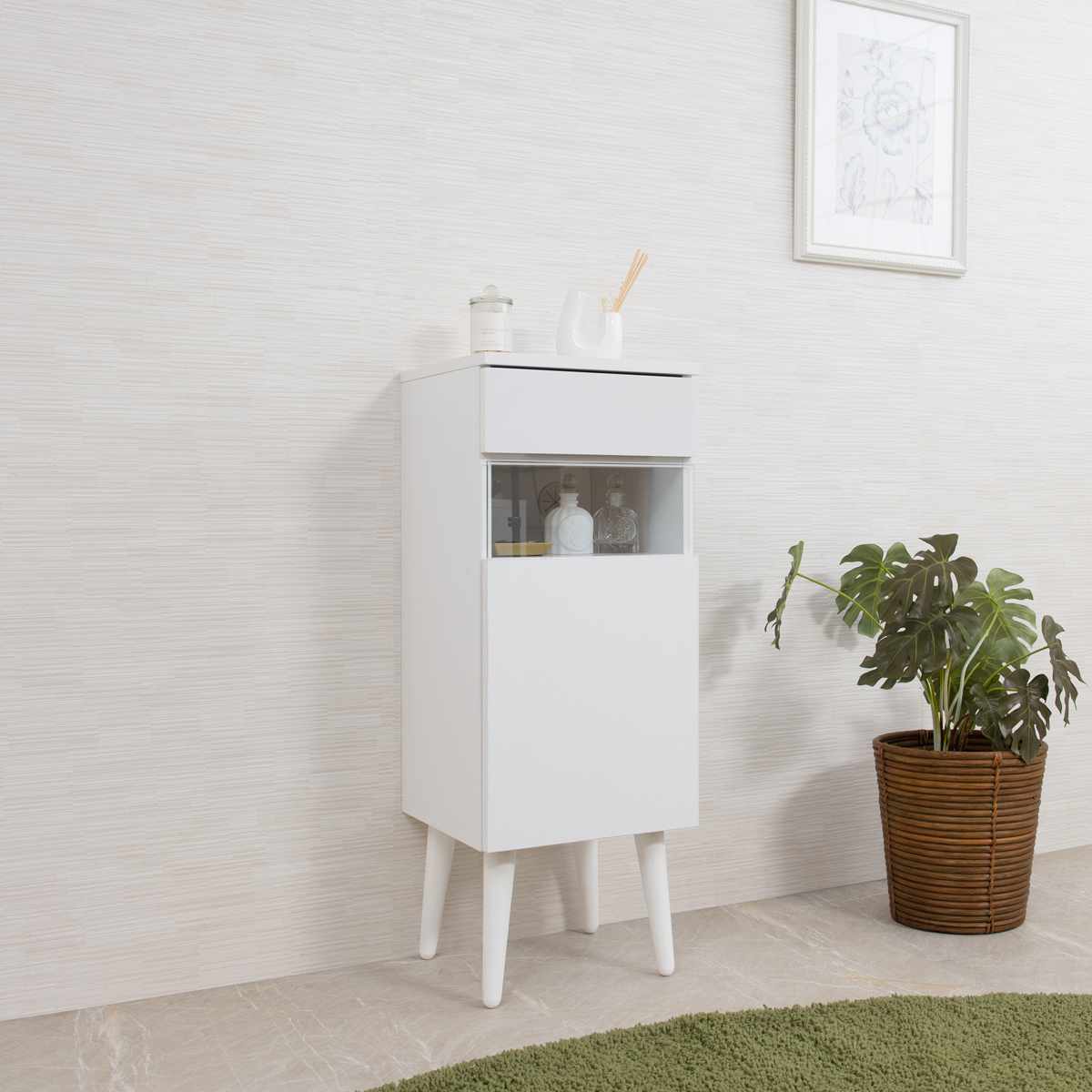 ルーター収納 幅30cm ファックス台 ホワイトリビング ( 棚 ラック 収納 ルーター モデム収納 家具 ディスプレイ 引き出し ケーブル収納 可動棚 モデム サイドボード サイドキャビネット シェルフ ホワイト )