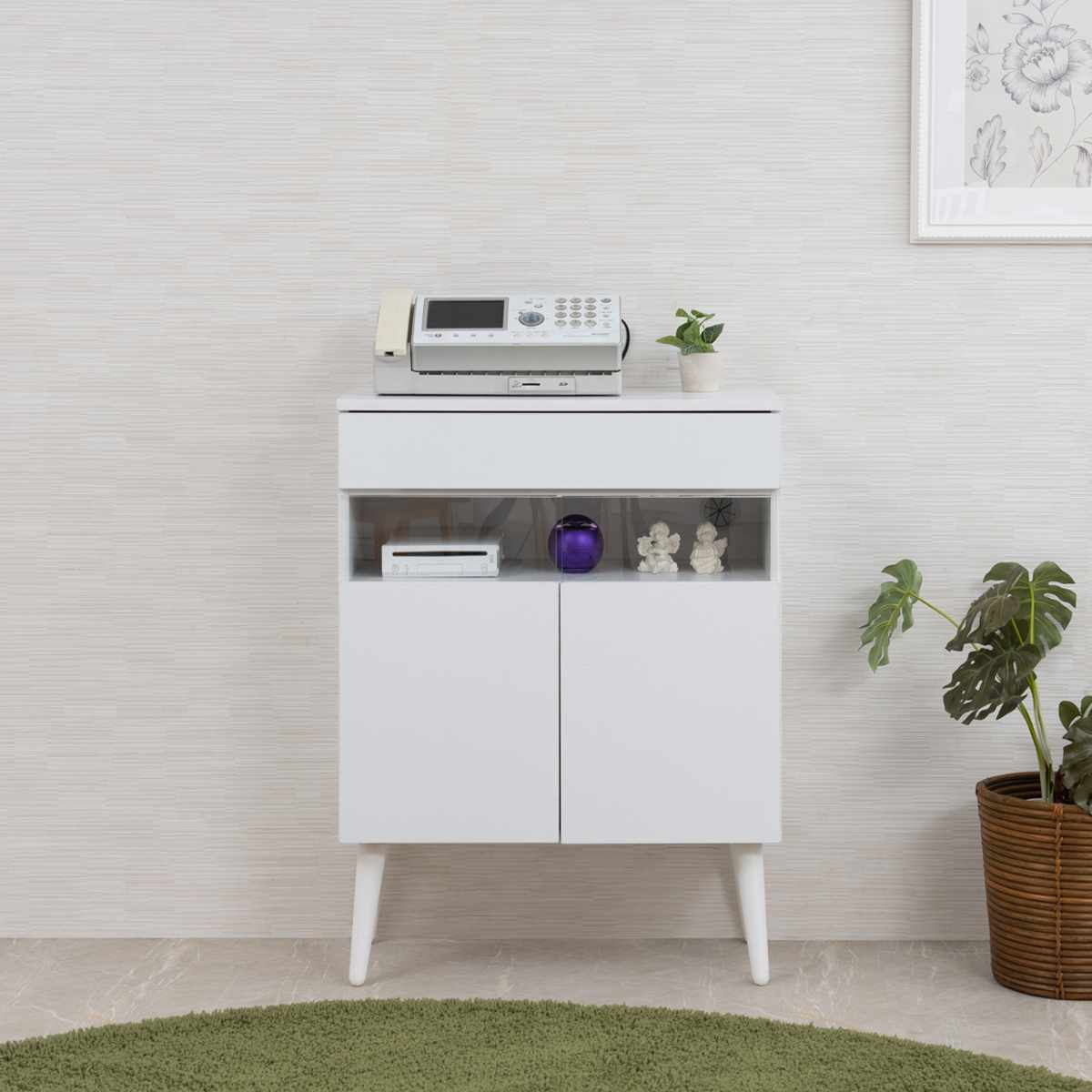 ルーター収納 幅60cm ファックス台 ホワイトリビング ( 棚 ラック 収納 ルーター モデム収納 家具 ディスプレイ 引き出し ケーブル収納 可動棚 モデム サイドボード サイドキャビネット シェルフ ホワイト )