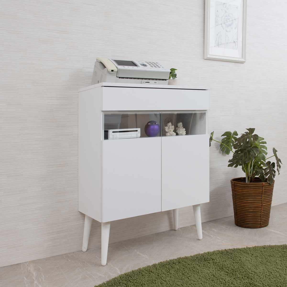 ルーター収納 幅60cm ファックス台 ホワイトリビング ( 棚 ラック 収納 ルーター モデム収納 家具 ディスプレイ 引き出し ケーブル収納 可動棚 モデム サイドボード サイドキャビネット シェルフ ホワイト )