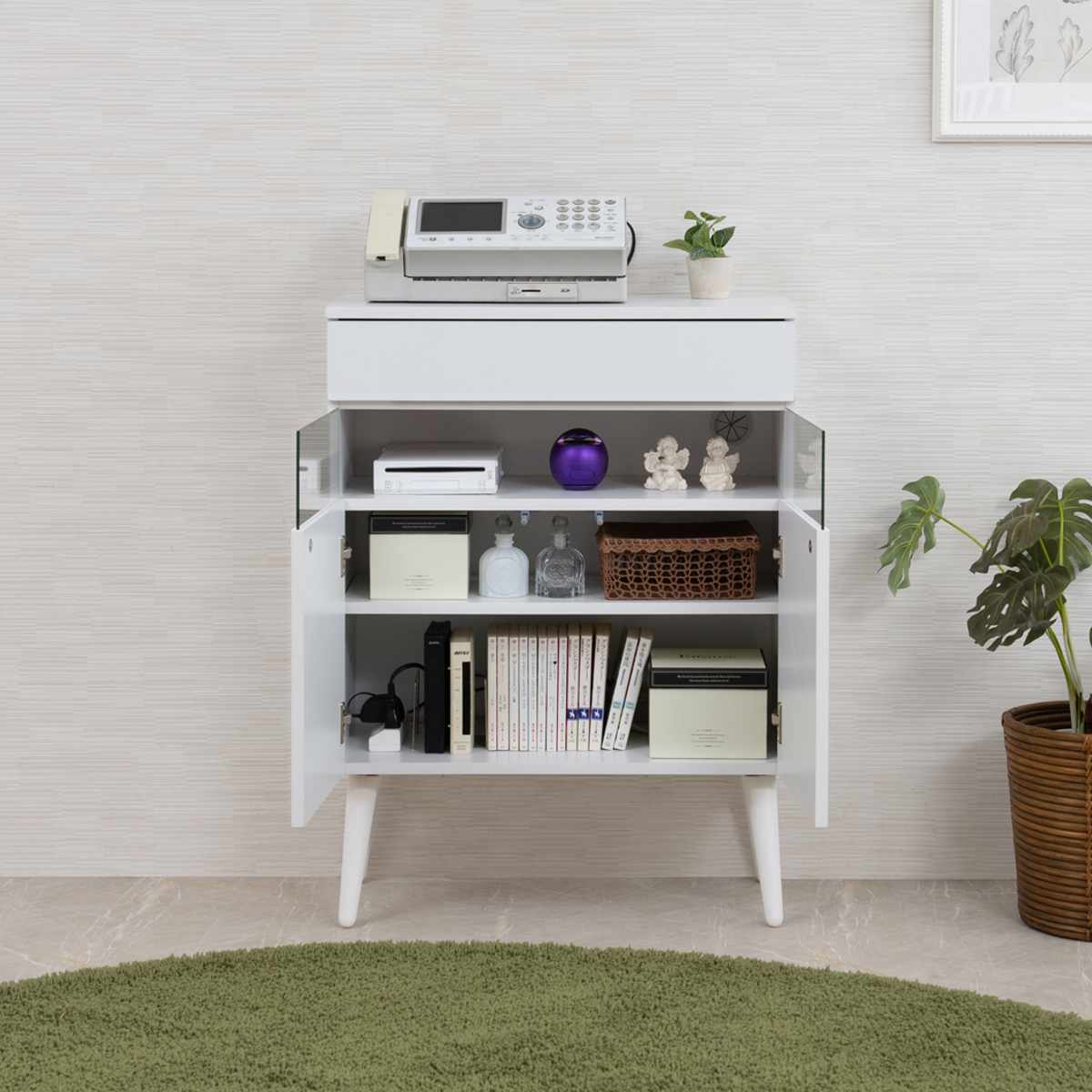 ルーター収納 幅60cm ファックス台 ホワイトリビング ( 棚 ラック 収納 ルーター モデム収納 家具 ディスプレイ 引き出し ケーブル収納 可動棚 モデム サイドボード サイドキャビネット シェルフ ホワイト )