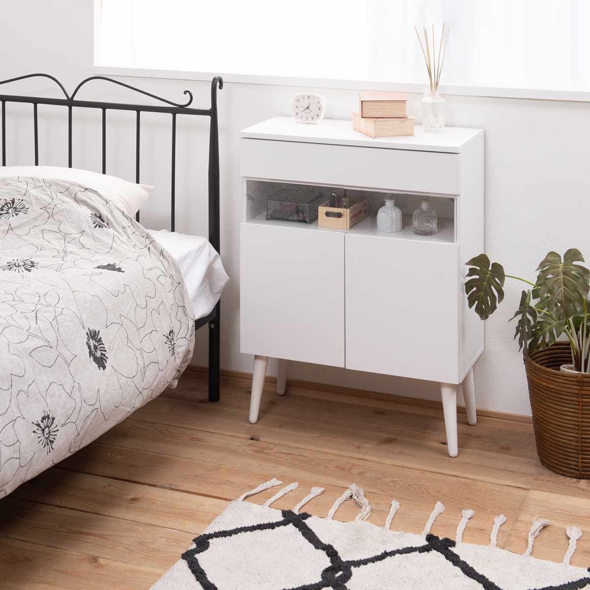 ルーター収納 幅60cm ファックス台 ホワイトリビング ( 棚 ラック 収納 ルーター モデム収納 家具 ディスプレイ 引き出し ケーブル収納 可動棚 モデム サイドボード サイドキャビネット シェルフ ホワイト )